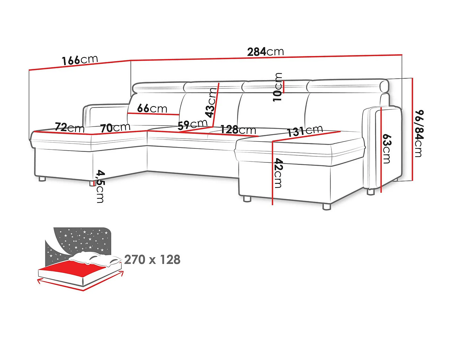 Sofá rinconero Temple 130, Amarillo, Función de descanso, Almacenaje, 284x166x84cm