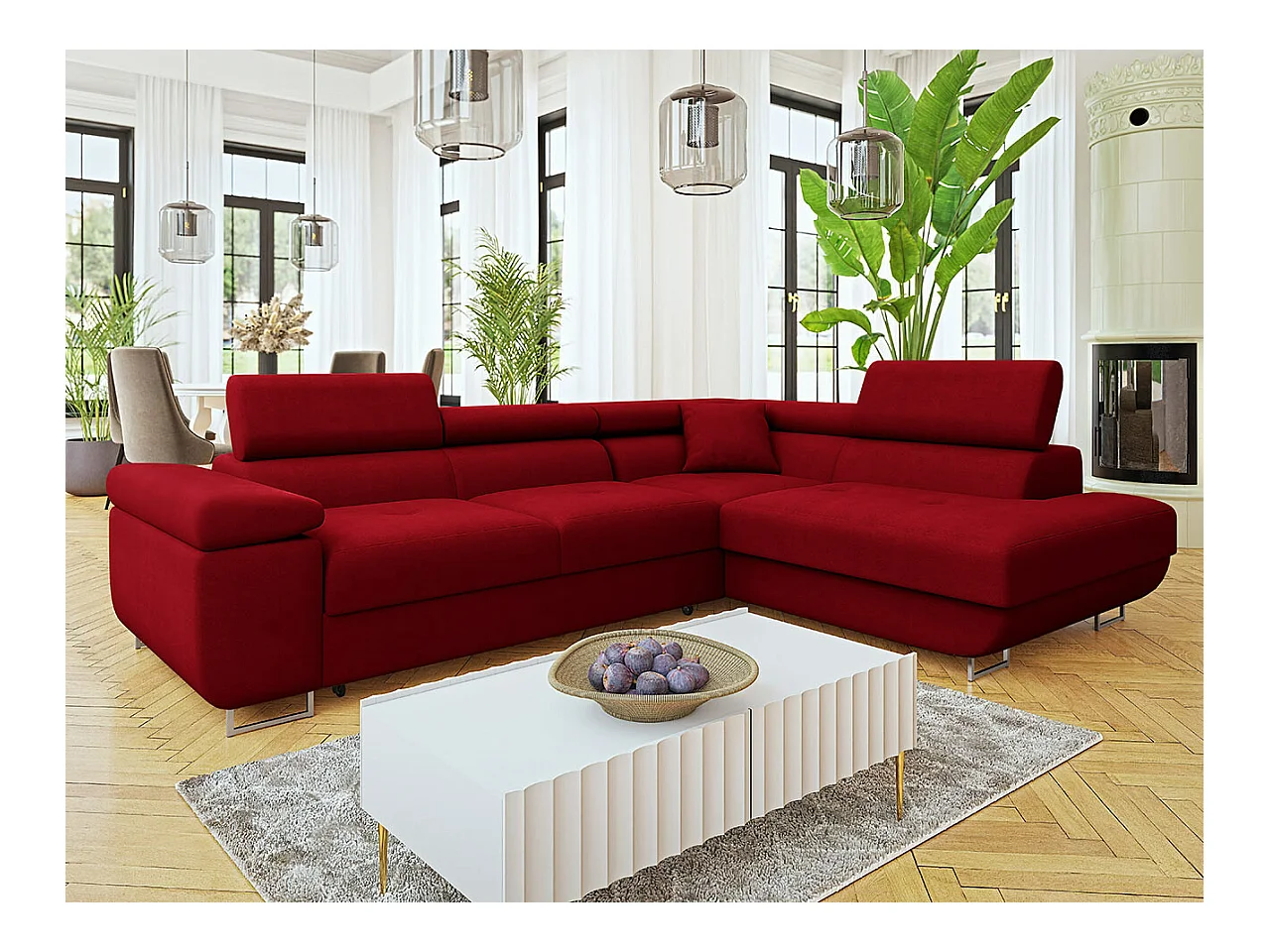 Canapé d'angle Comfivo Eliferu 101, Rouge, Fonction de couchage, Boîte de literie, 274cm
