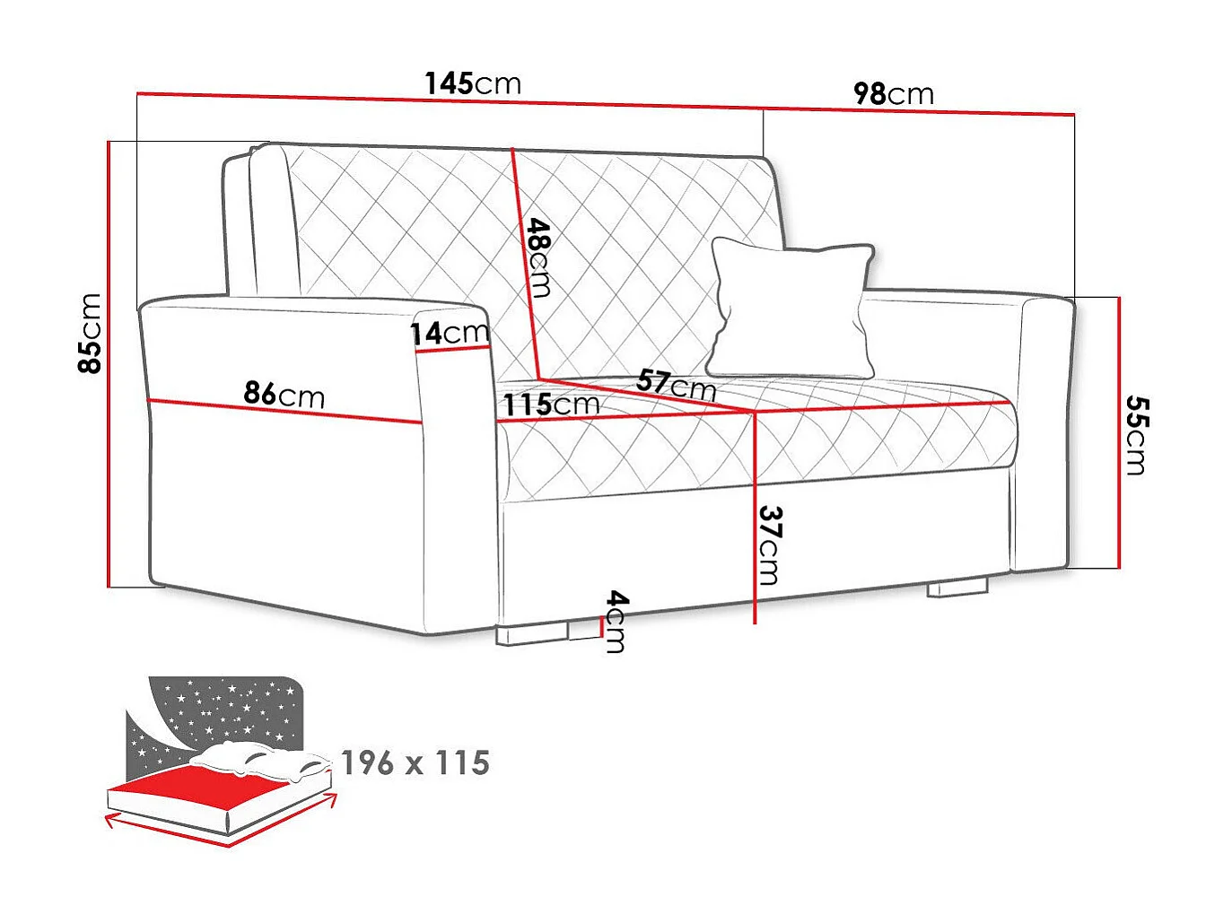 Sofá-cama Columbus 146, Cama com arrumação, 9x15x10cm