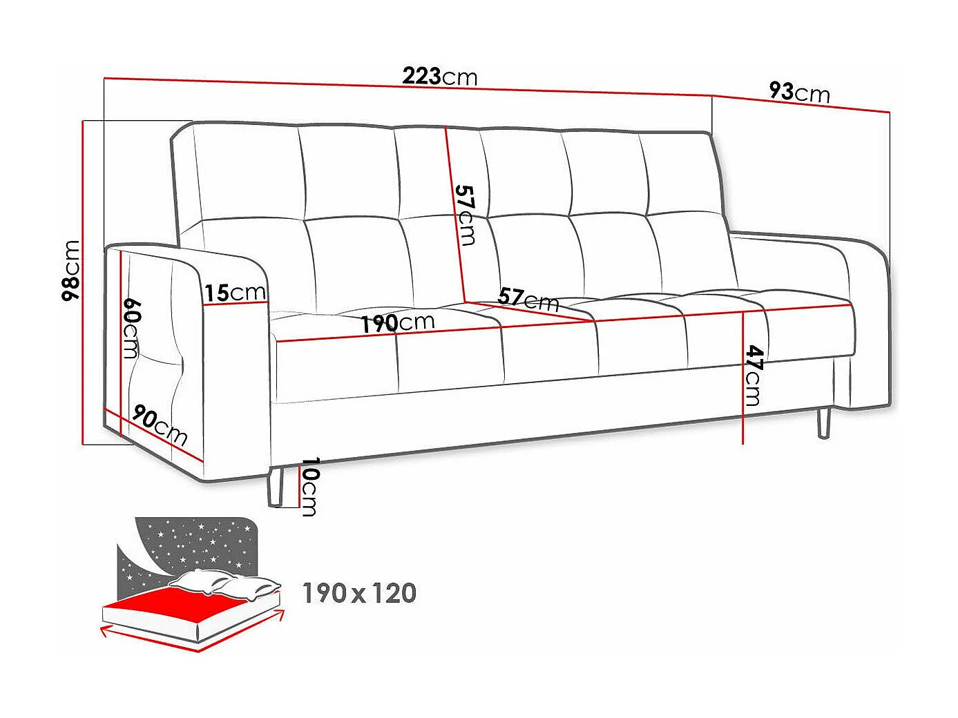 Canapé convertible Edinburg 106, Boîte de literie, 98x223x93cm