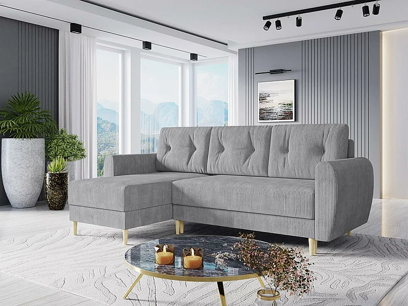 Canapé d'angle Memphis 139, Gris, Fonction de couchage, Boîte de literie, 234x139x95cm