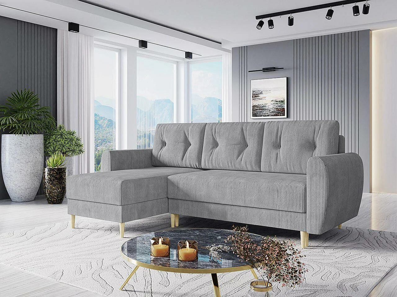 Canapé d'angle Memphis 139, Gris, Fonction de couchage, Boîte de literie, 234x139x95cm