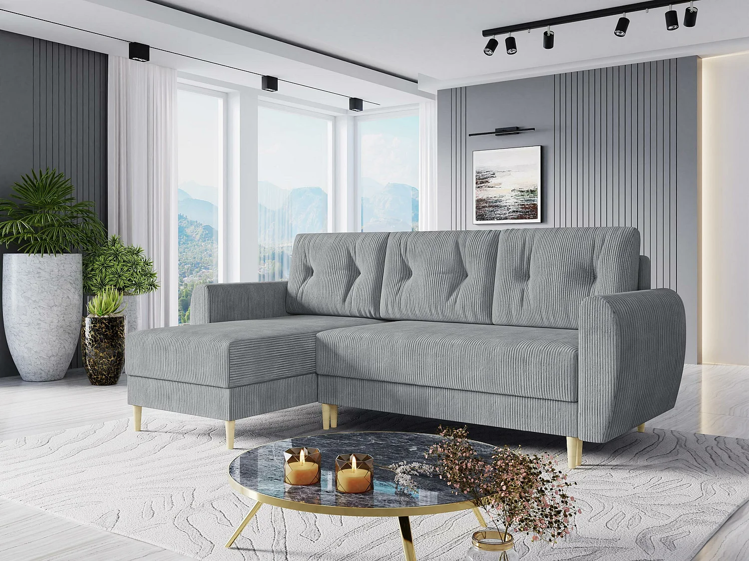 Sofá rinconero Memphis 139, Gris, Función de descanso, Almacenaje, 234x139x95cm