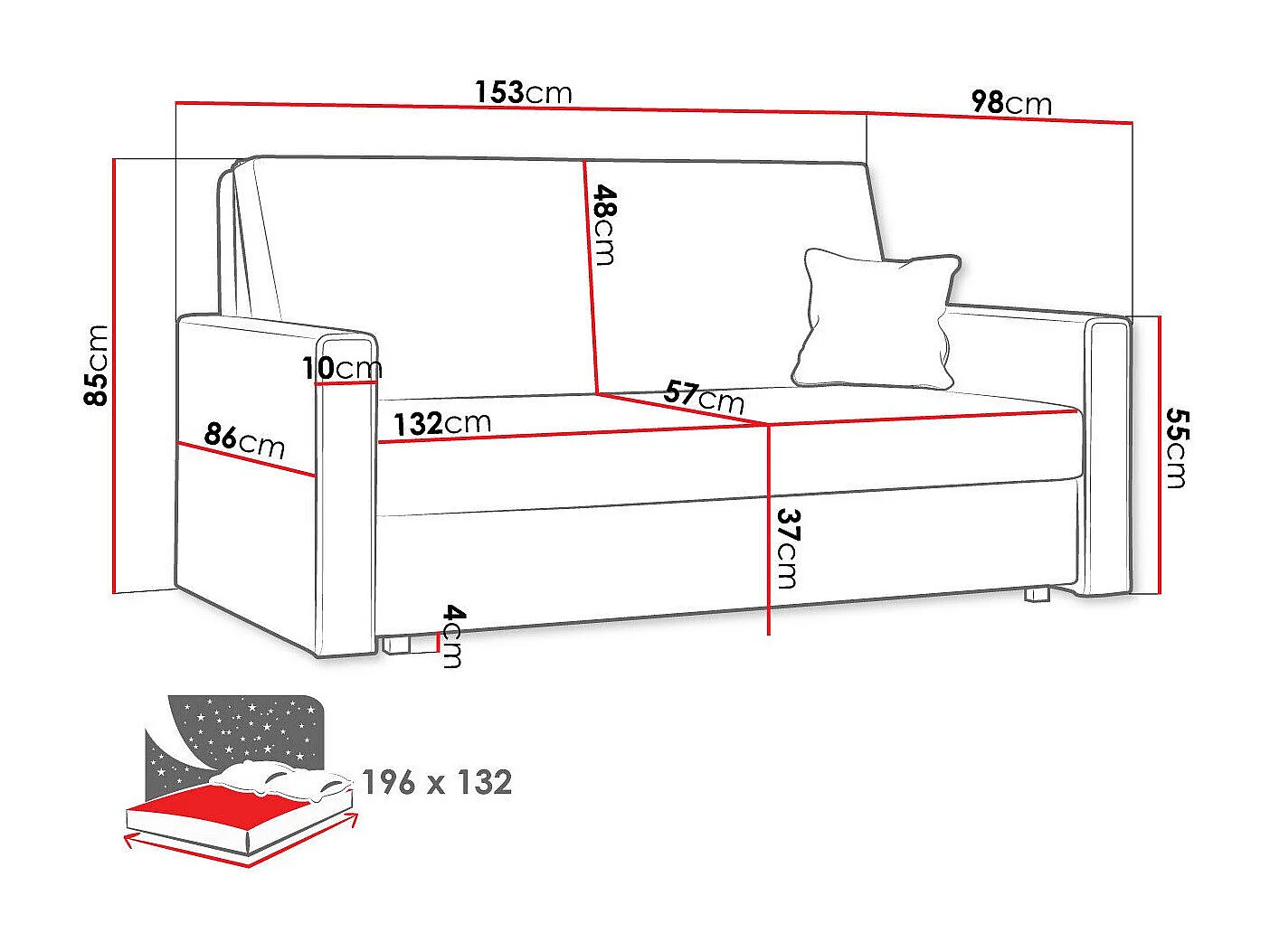 Divano letto Columbus 188, Con, 85x153x98cm, Mobile già assemblato