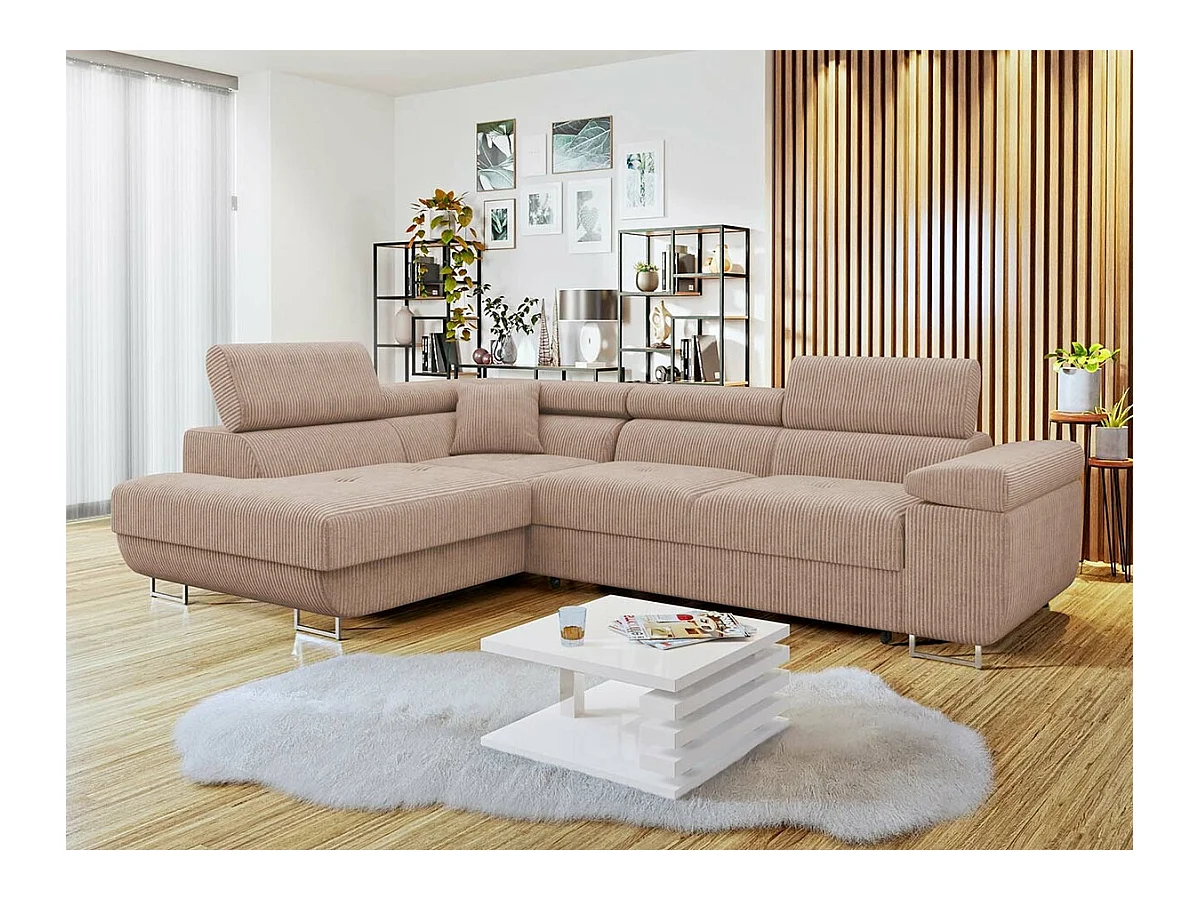 Canapé d'angle Comfivo Eliferu 100, Rose, Fonction de couchage, Boîte de literie, 274cm