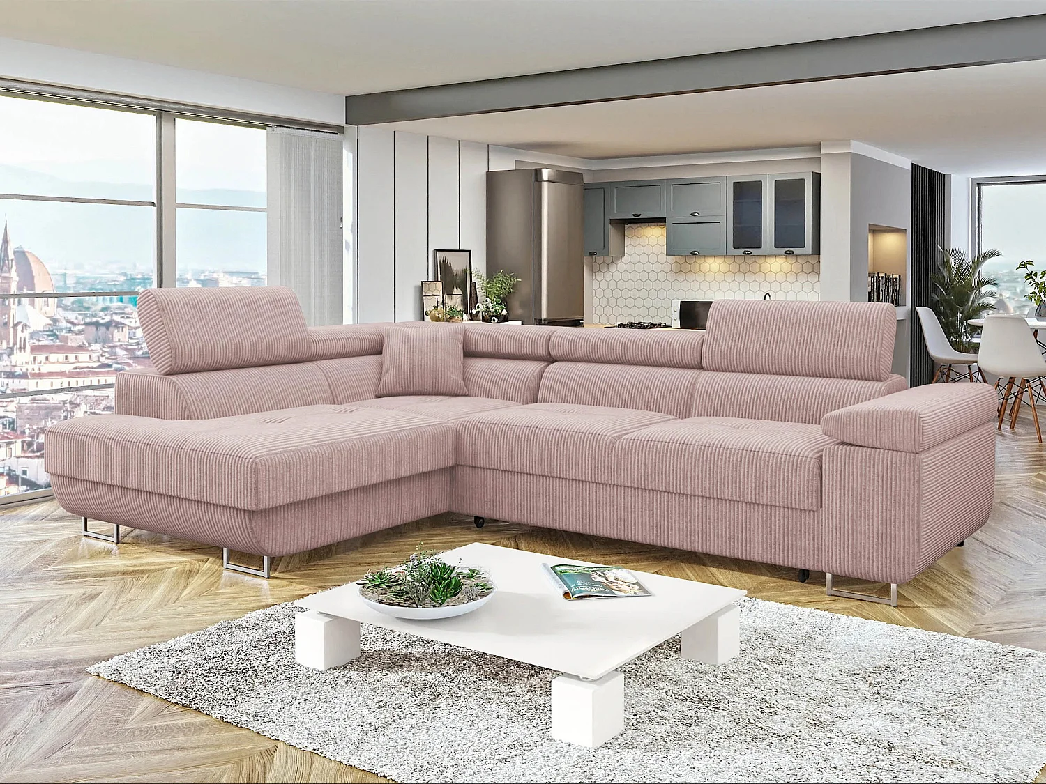 Canapé d'angle convertible 3 places en tissu rose 274cm