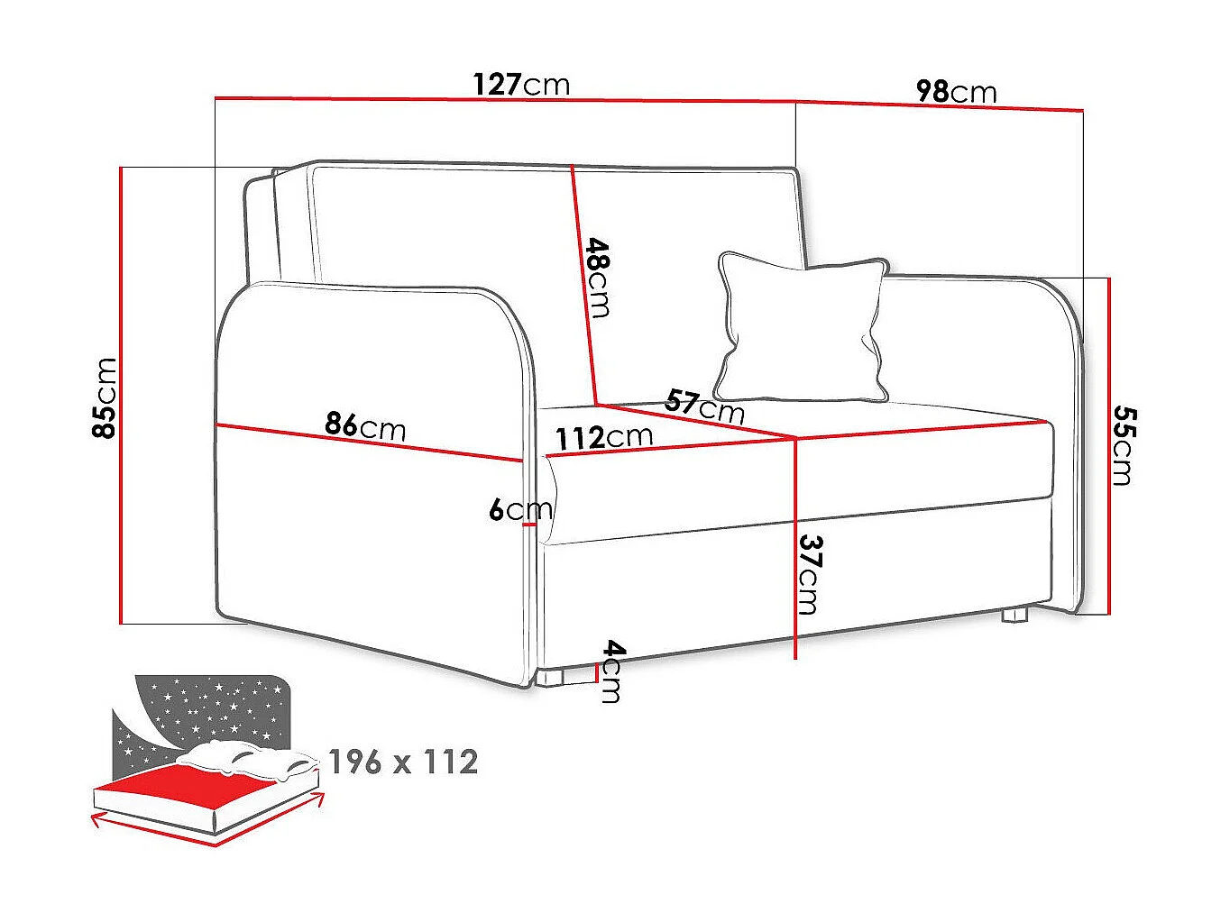 Sofá-cama Columbus 124, Almacenaje, 85x127x98cm, Muebles ya montados