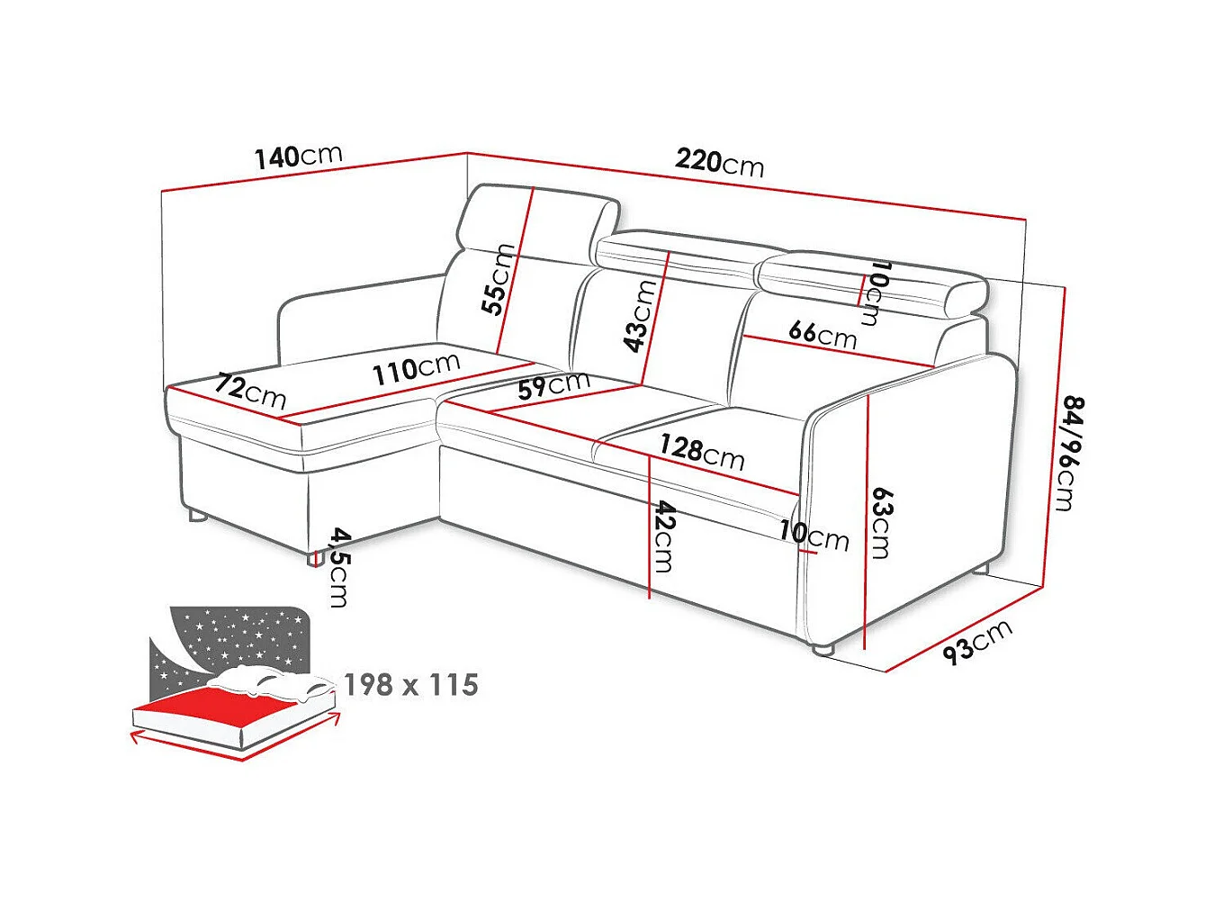 Canapé d'angle Temple 127, Gris, Fonction de couchage, Boîte de literie, 220x140x84cm