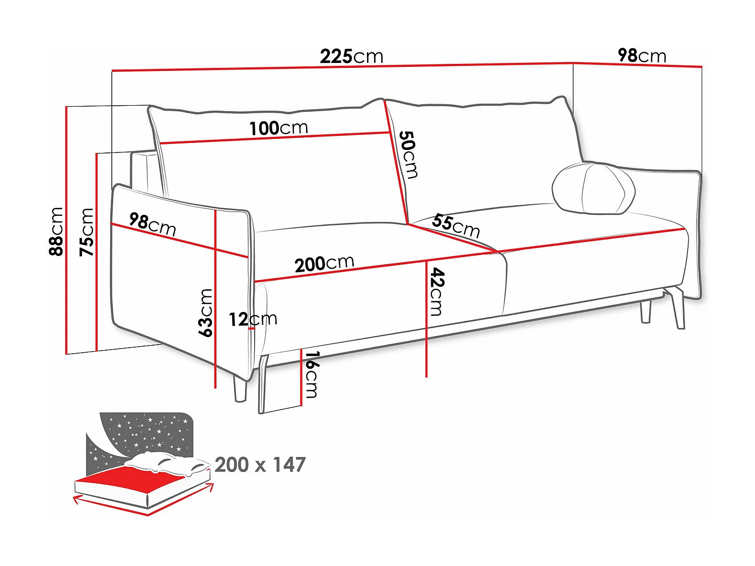 Sofá cama Columbus 216, Cama com arrumação, 9x23x10cm