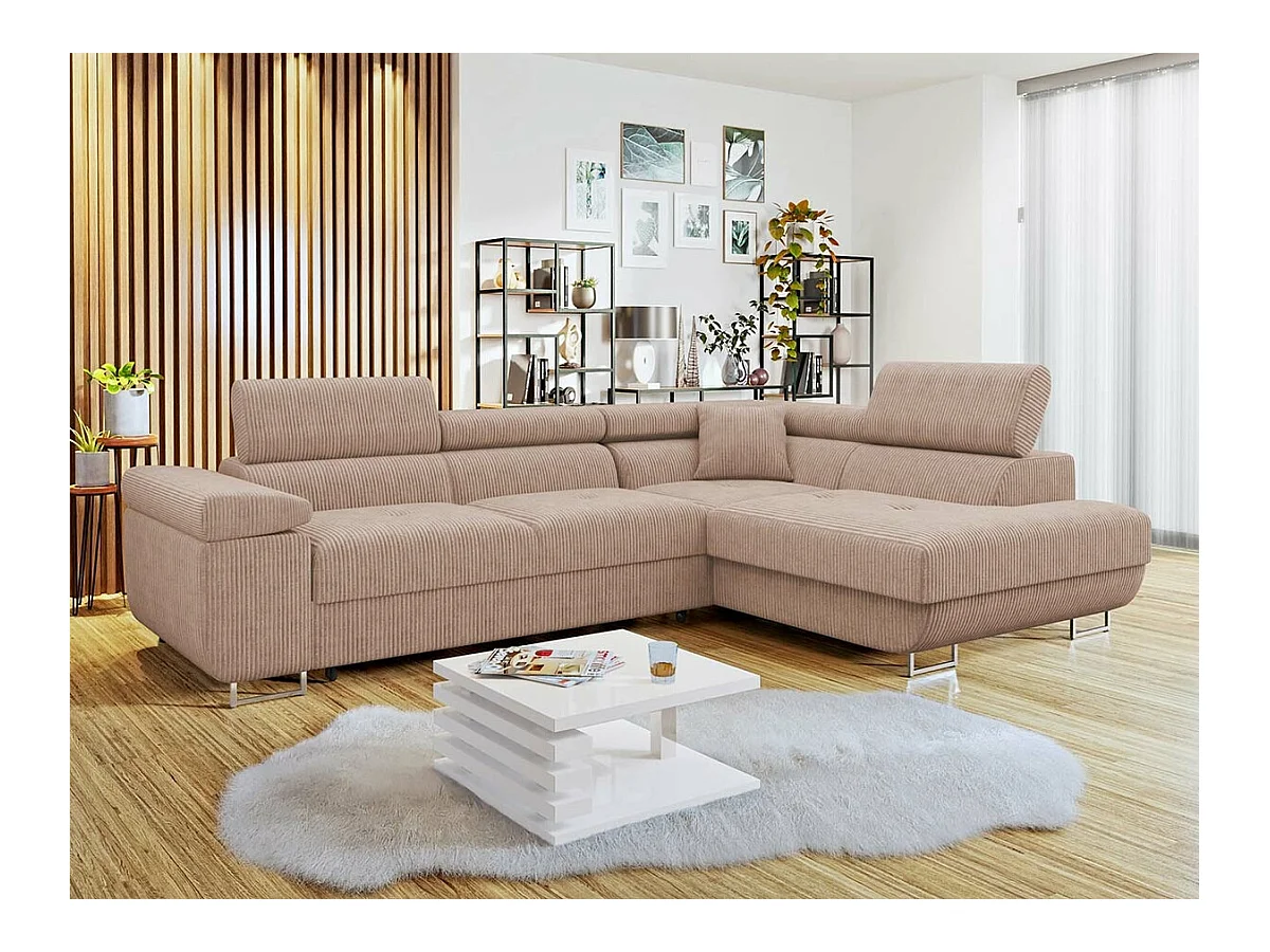 Canapé d'angle Comfivo Eliferu 100, Rose, Fonction de couchage, Boîte de literie, 274cm