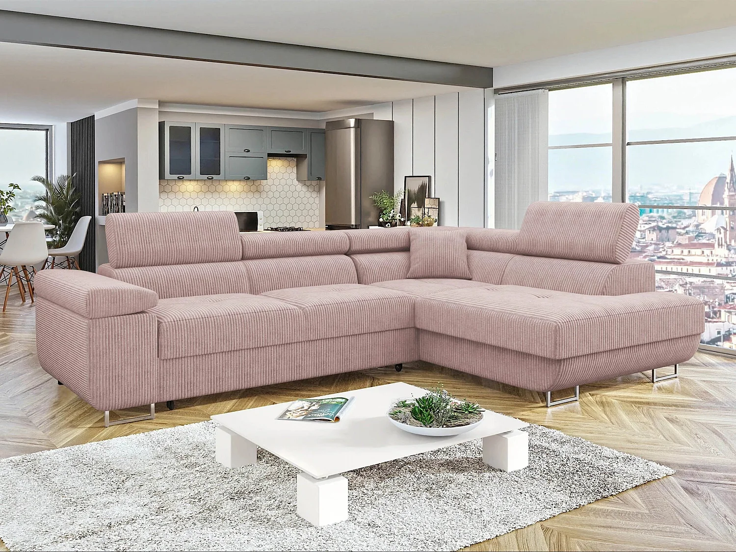 Canapé d'angle convertible 3 places en tissu rose 274cm