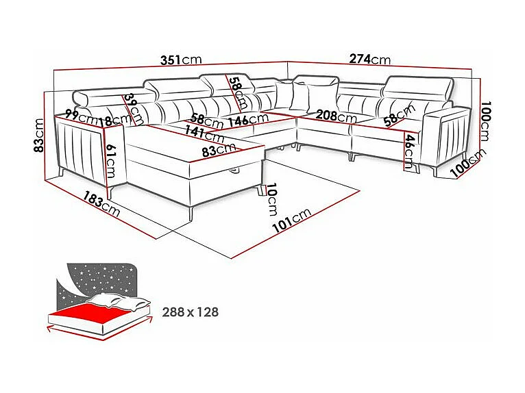 Canapé d'angle Sarasota 157, Bleu, Disponible, 351x274x83cm