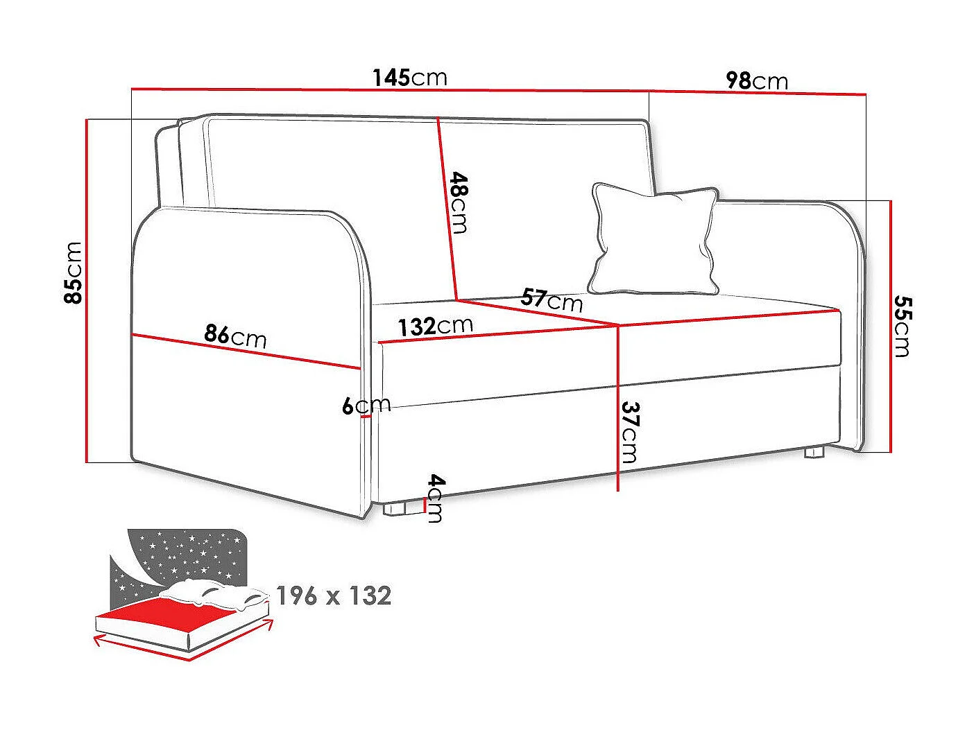 Sofá cama Columbus 123, Cama com arrumação, 9x15x10cm