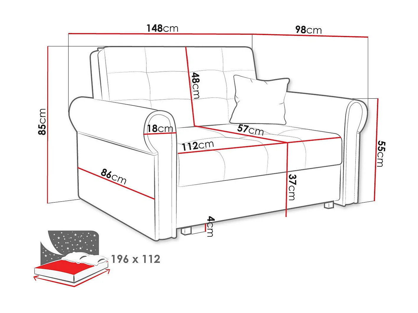 Sofá-cama Columbus 128, Almacenaje, 85x148x98cm, Muebles ya montados