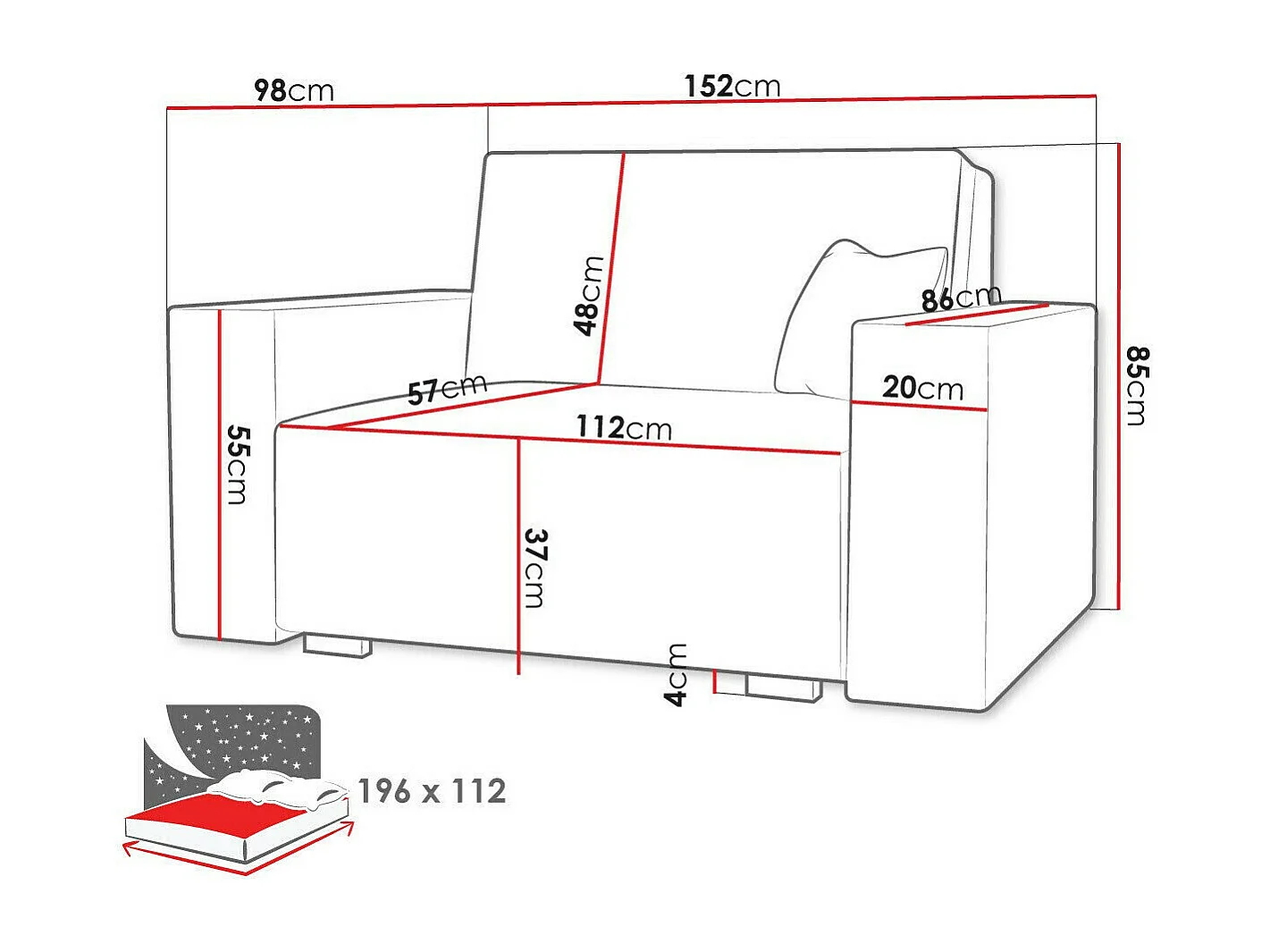Canapé convertible Columbus 194, Disponible, 85x152x98cm, Mobilier déjà assemblé