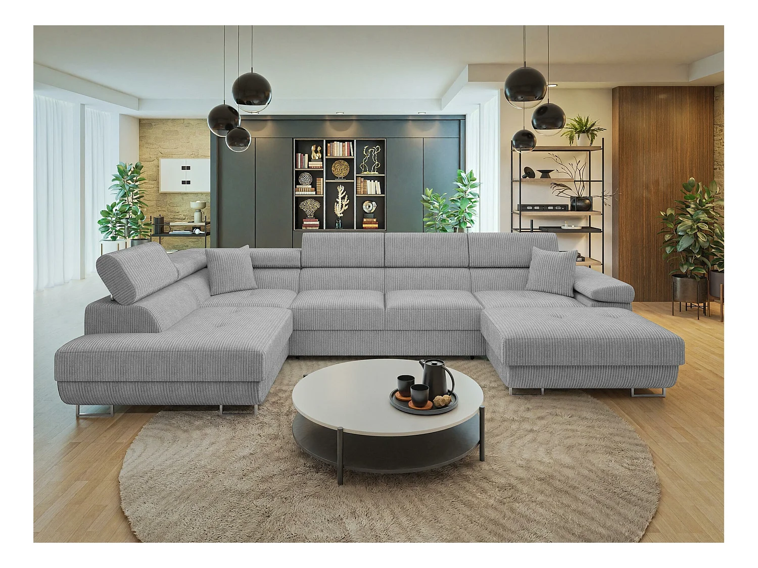 Canapé d'angle Comfivo Eliferu 103, Gris, Fonction de couchage, Boîte de literie, 346cm