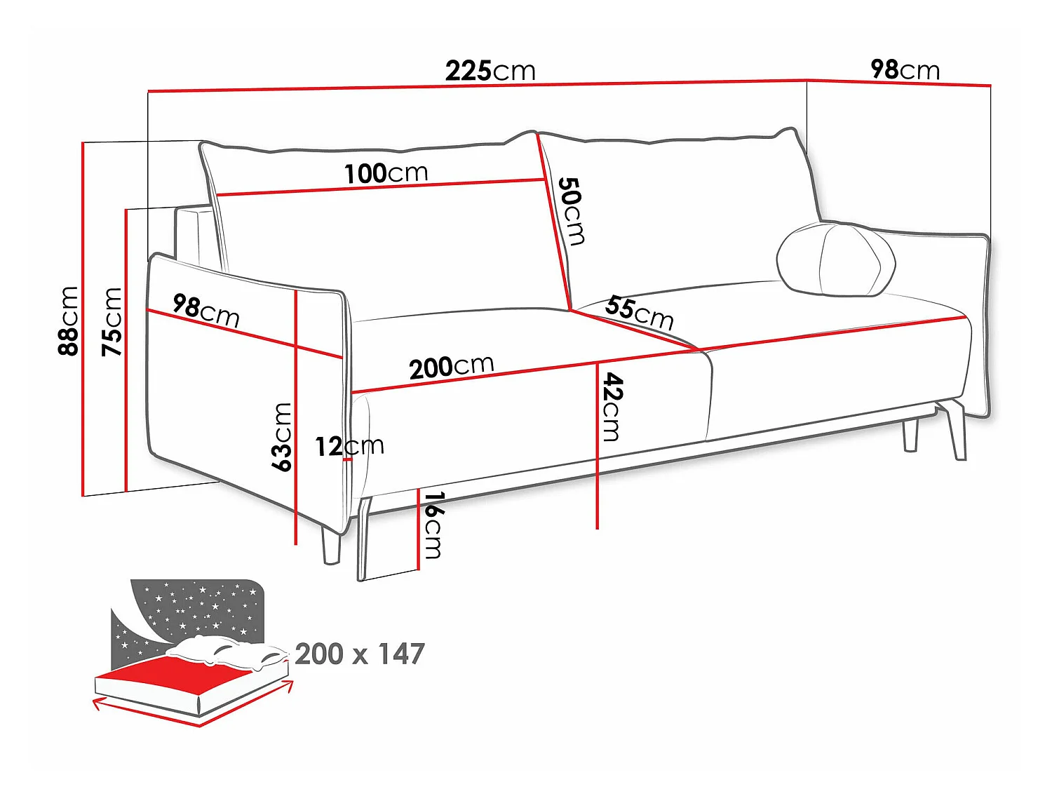 Sofá cama Columbus 216, Almacenaje, 9x23x10cm