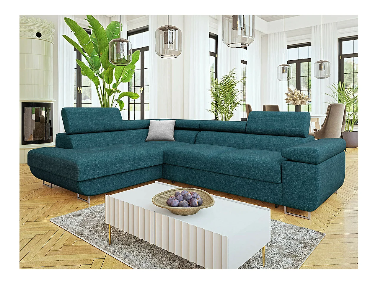 Sofá rinconero Comfivo Eliferu 101, Azul, Función de descanso, Almacenaje, 274x203x70cm