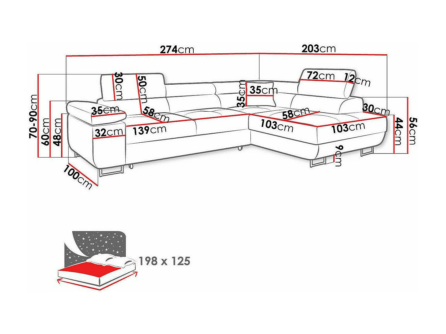 Sofá rinconero Comfivo Eliferu 101, Azul, Función de descanso, Almacenaje, 274x203x70cm
