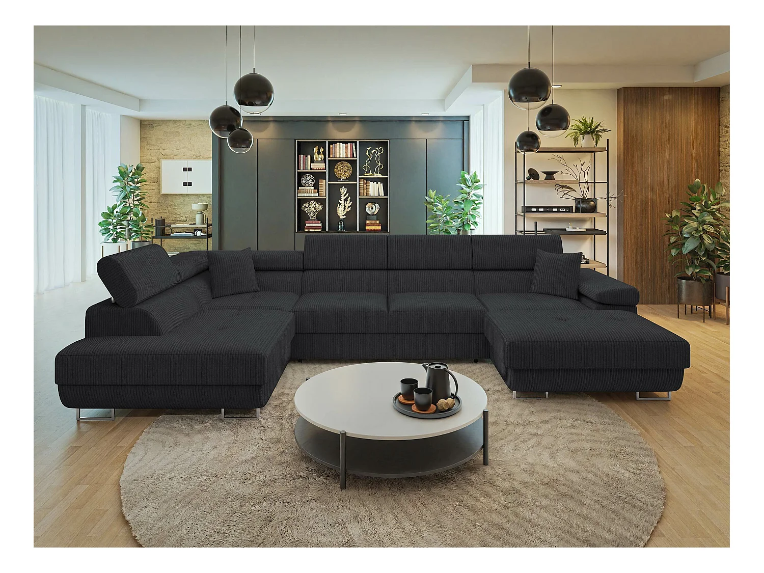 Canapé d'angle Comfivo Eliferu 103, Gris, Fonction de couchage, Boîte de literie, 346cm