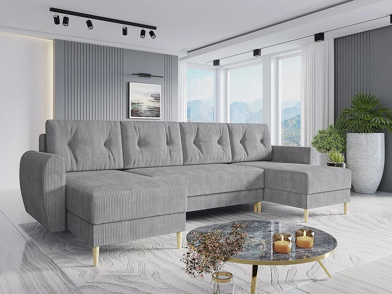 Canapé d'angle Memphis 140, Gris, Fonction de couchage, Boîte de literie, 307x139x95cm