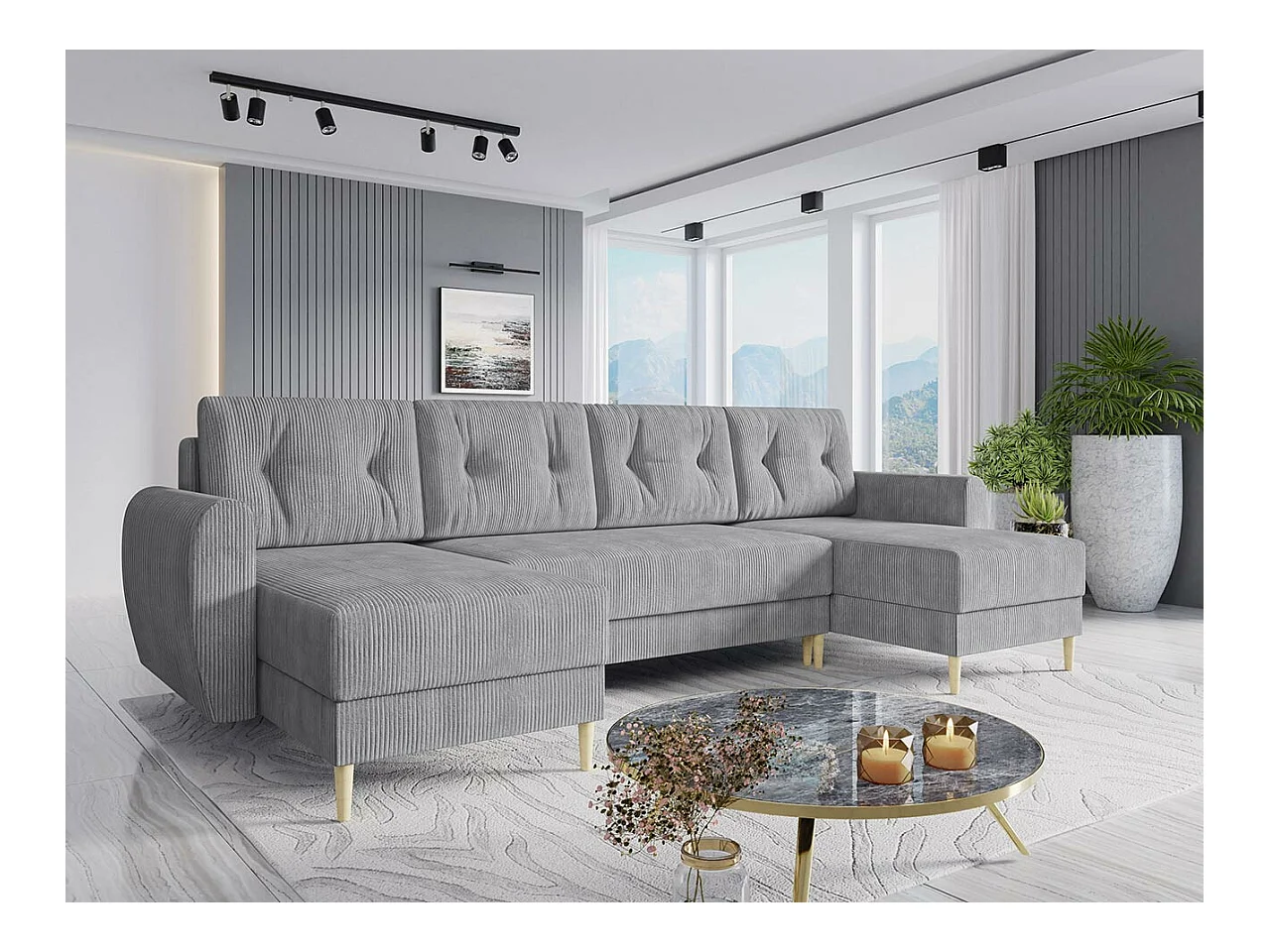 Canapé d'angle Memphis 140, Gris, Fonction de couchage, Boîte de literie, 307x139x95cm