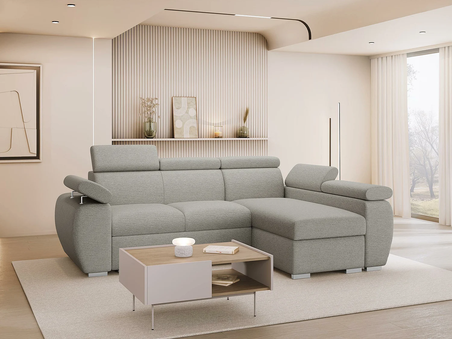 Canapé d'angle Columbus 132, Gris clair, Disponible, 255x170x85cm