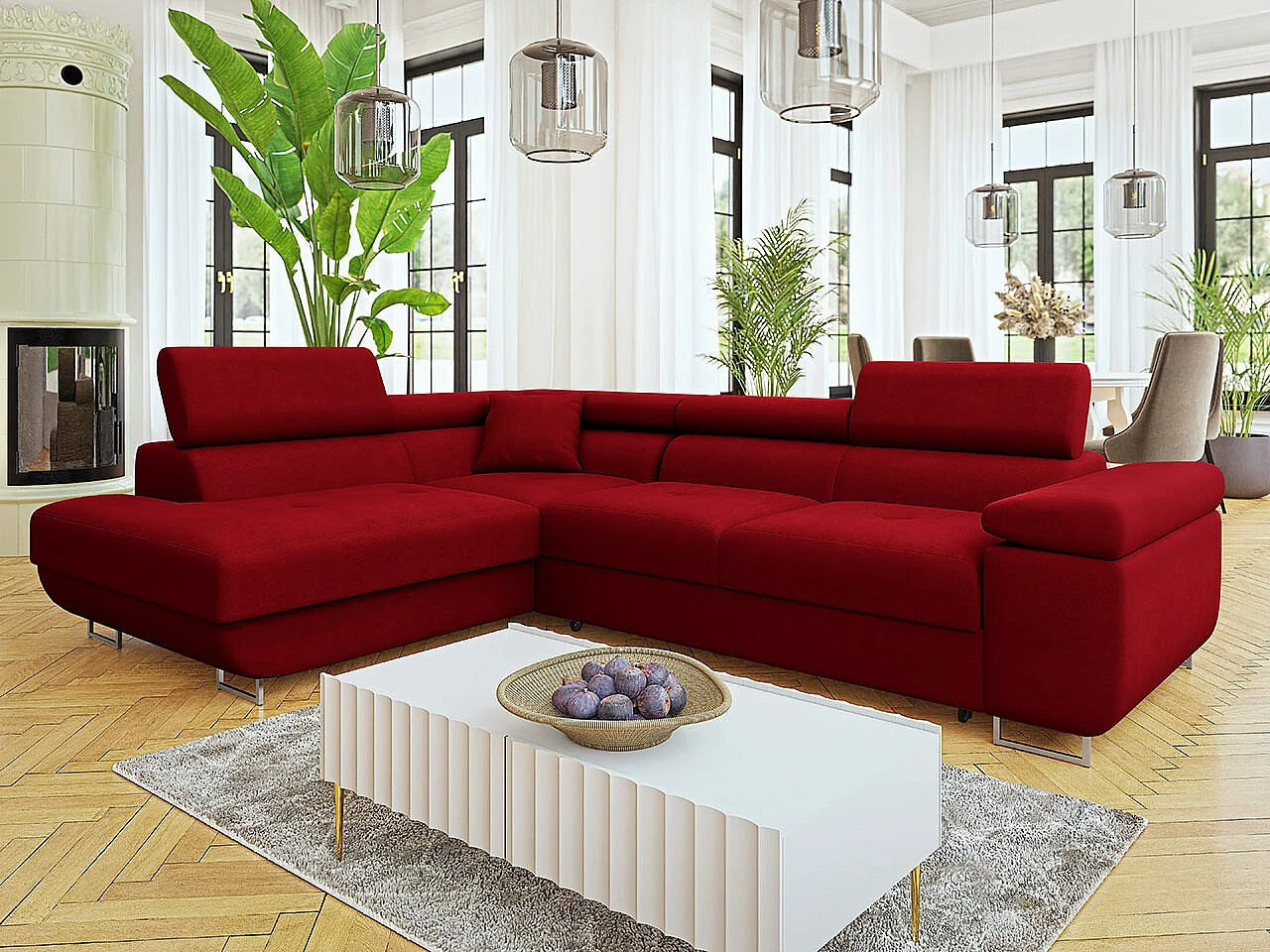 Sofá rinconero Comfivo Eliferu 101, Rojo, Función de descanso, Almacenaje, 274x203x70cm