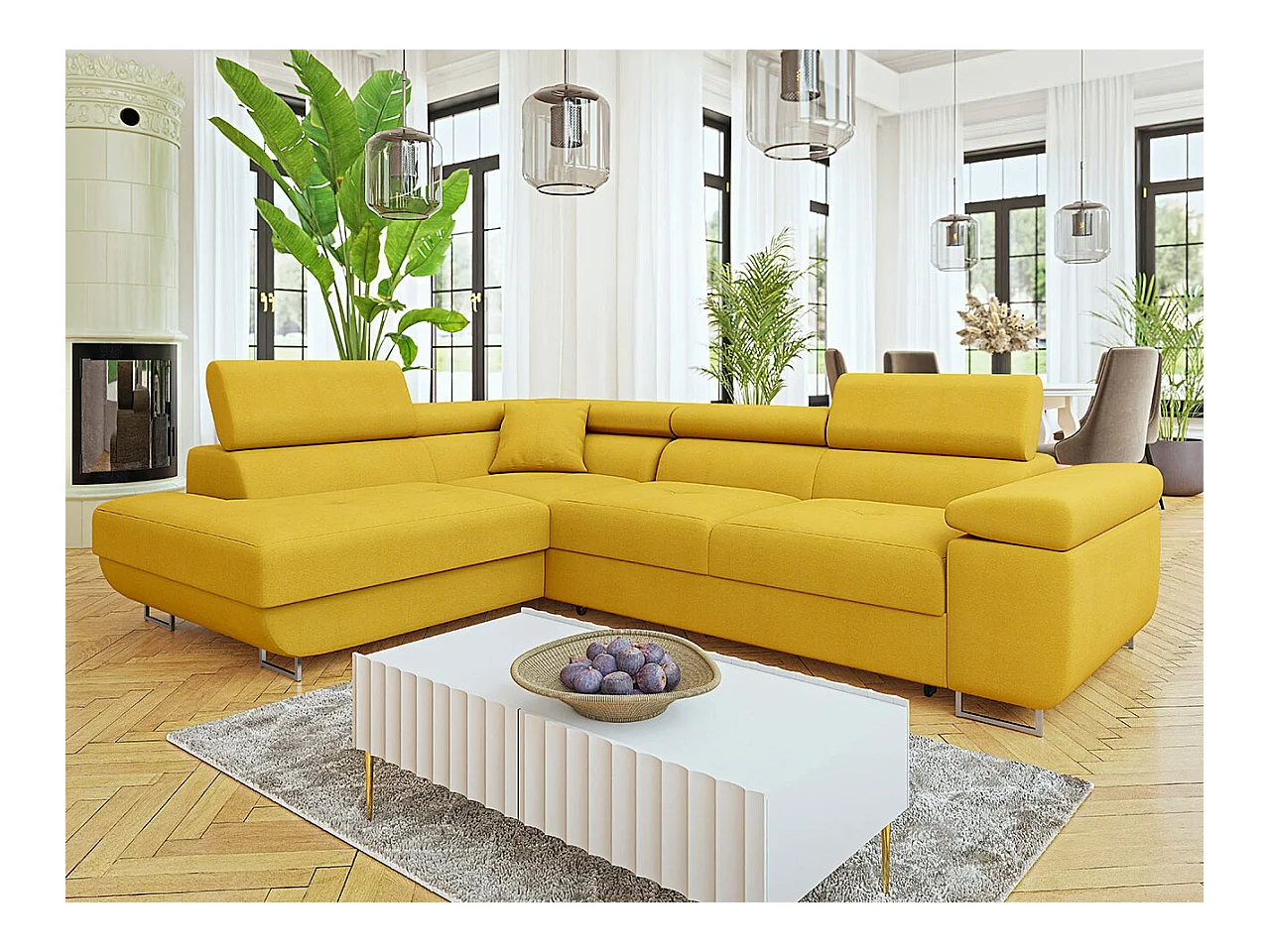 Canapé d'angle Comfivo Eliferu 101, Jaune, Fonction de couchage, Boîte de literie, 274cm