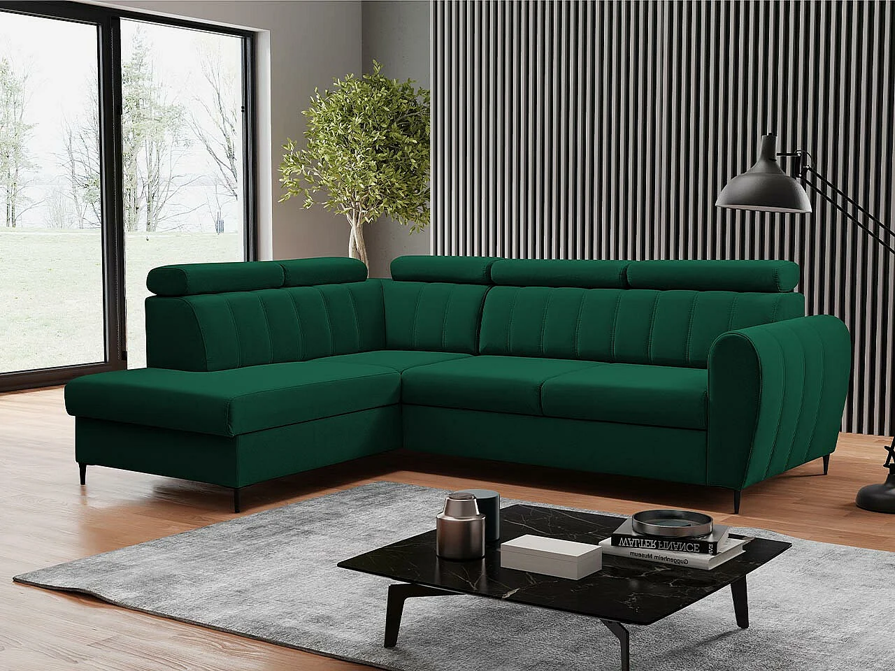 Sofá rinconero Temple 125, Verde, Función de descanso, Almacenaje, 264x200x90cm