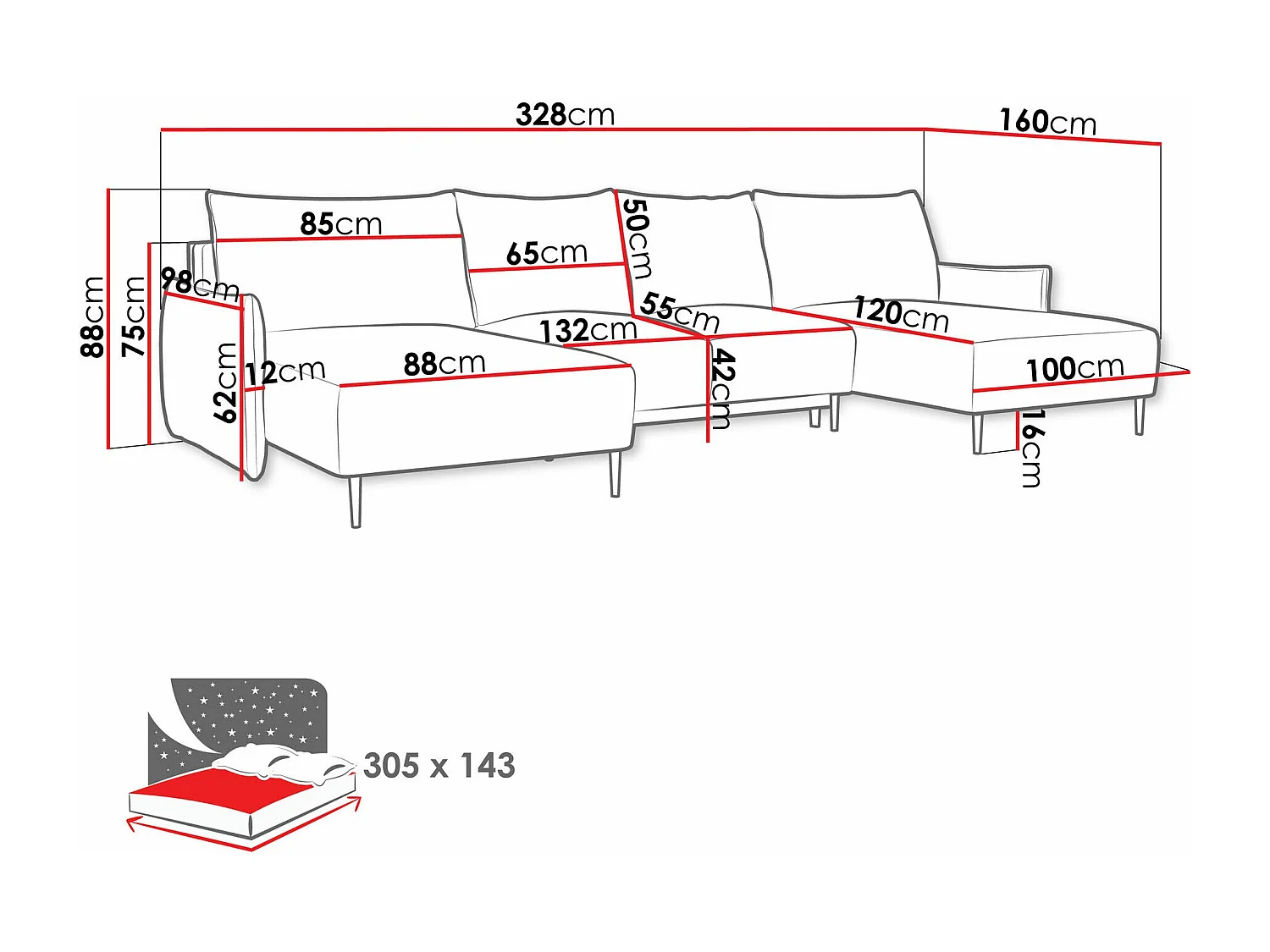 Canapé d'angle Columbus 223, Gris, Disponible, 328x160x88cm