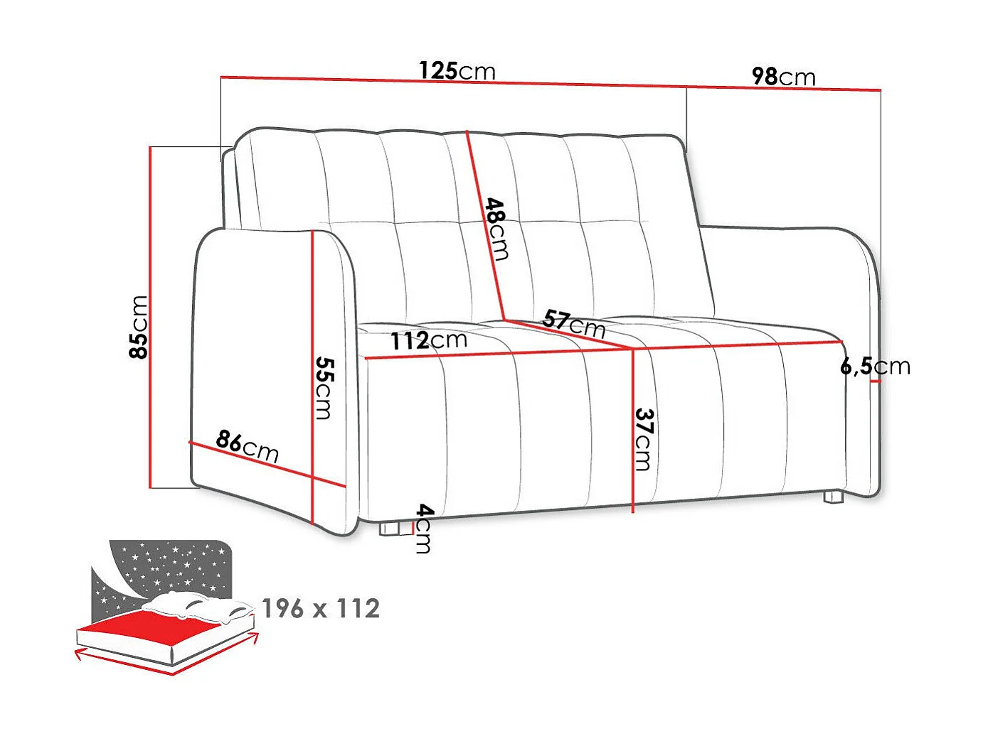Canapé convertible Columbus 177, Disponible, 85x125x98cm, Mobilier déjà assemblé