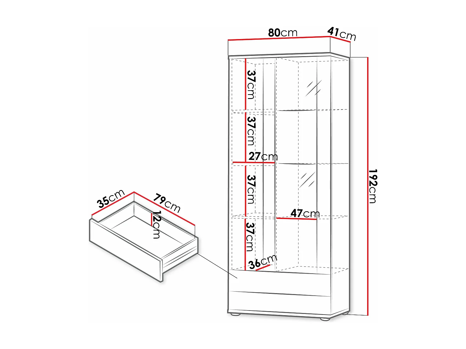 Estantería Tornola 105, Con puertas|Cerrable|Con cajones, Vidrio|Aglomerado laminado,