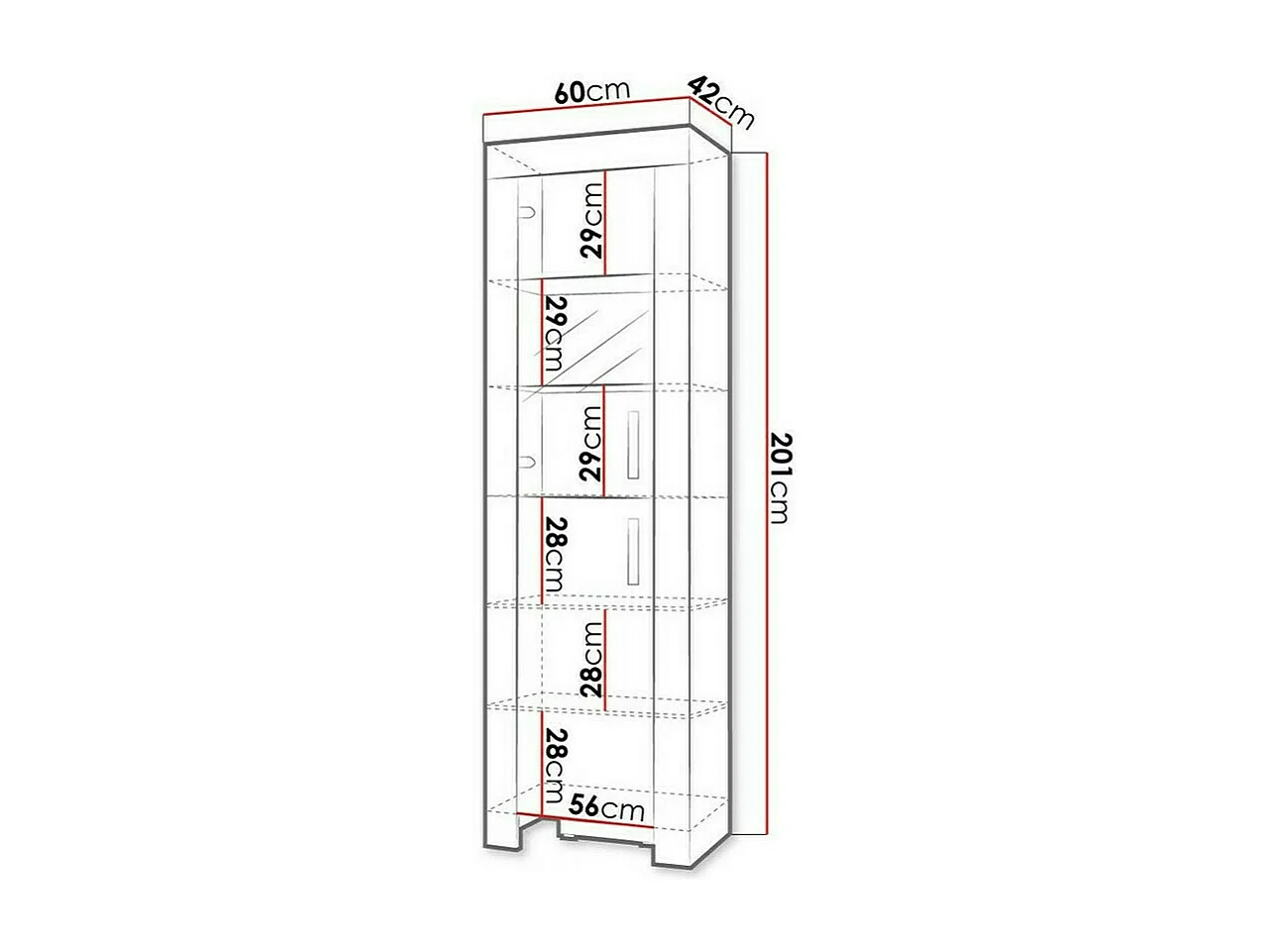 Estantería Melfeli 103, Cerrable|Con puertas, Vidrio|Aglomerado laminado, 201x60x42cm