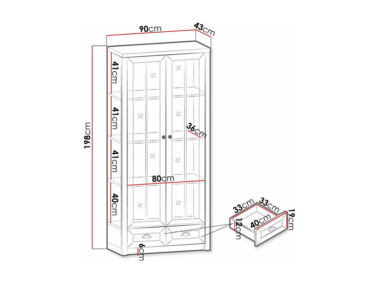 Estantería Ferdore 146, Cerrable|Con cajones|Con puertas, Vidrio|MDF|Aglomerado laminado
