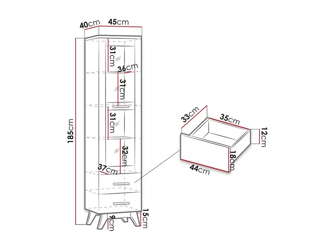Étagère Sorvera 118, Avec des portes|Fermé|Avec tiroirs, Verre|Stratifié, 185x45x40cm