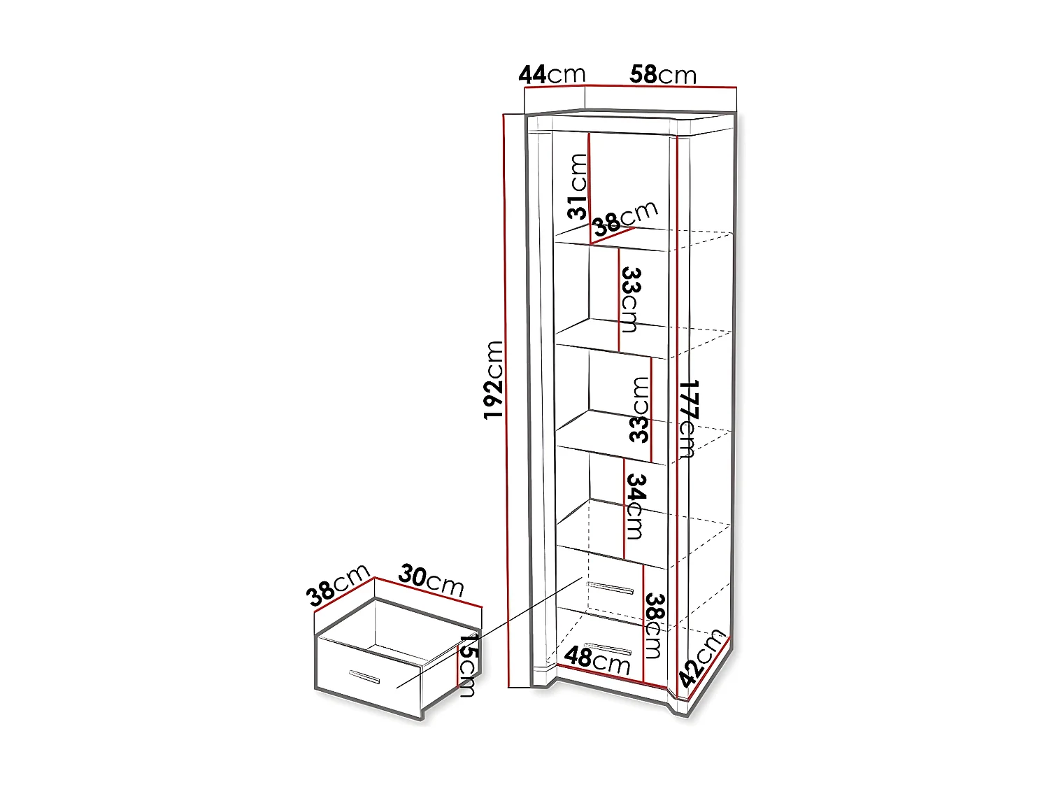 Estantería Lorelie 115, Con cajones|Con puertas|Cerrable, Número de puertas: 1, 192x58cm