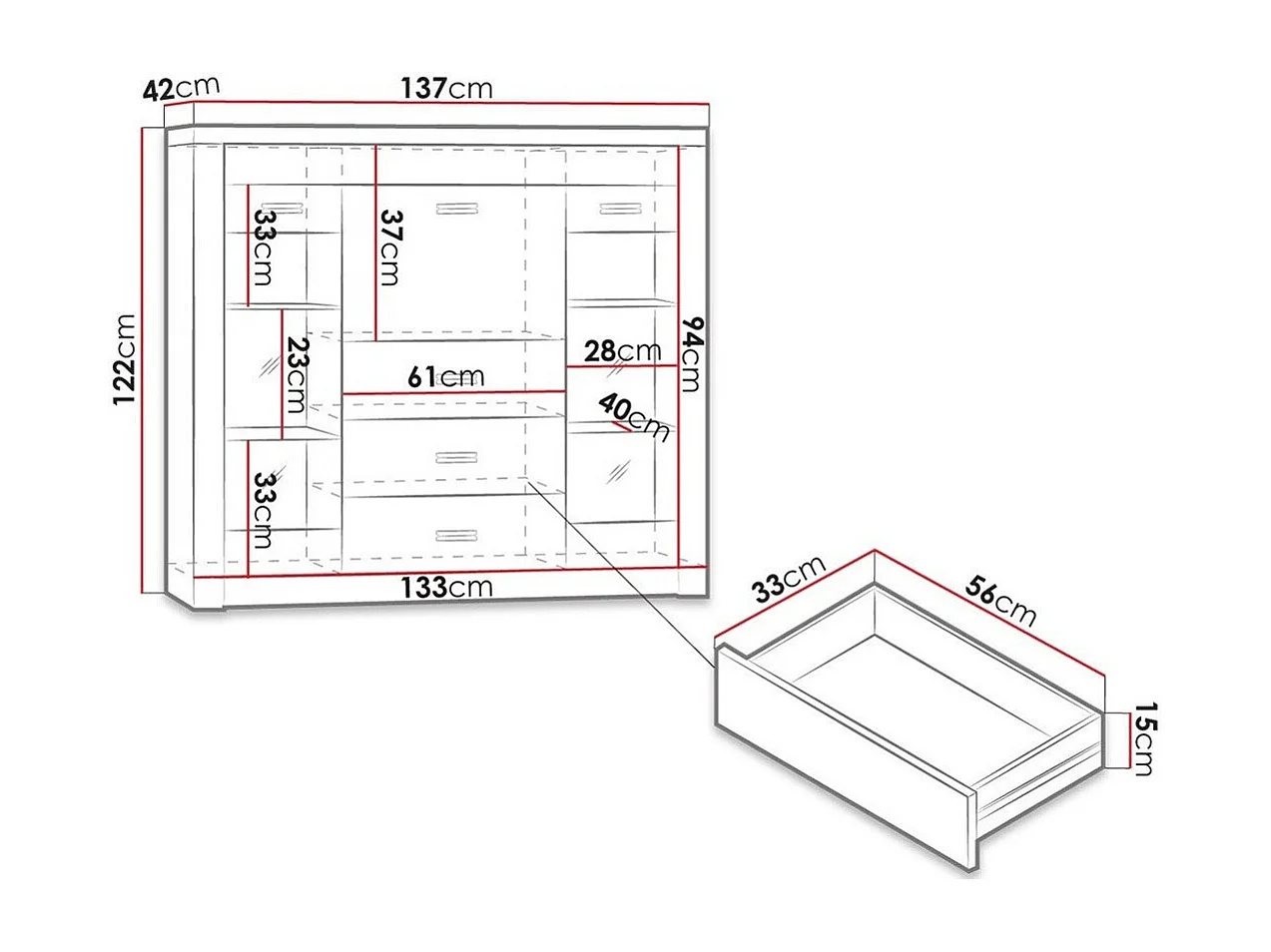 Cómoda Serfeno 105, Arte blanco, Con cajones y puertas, Número de cajones: 3, 122x137cm