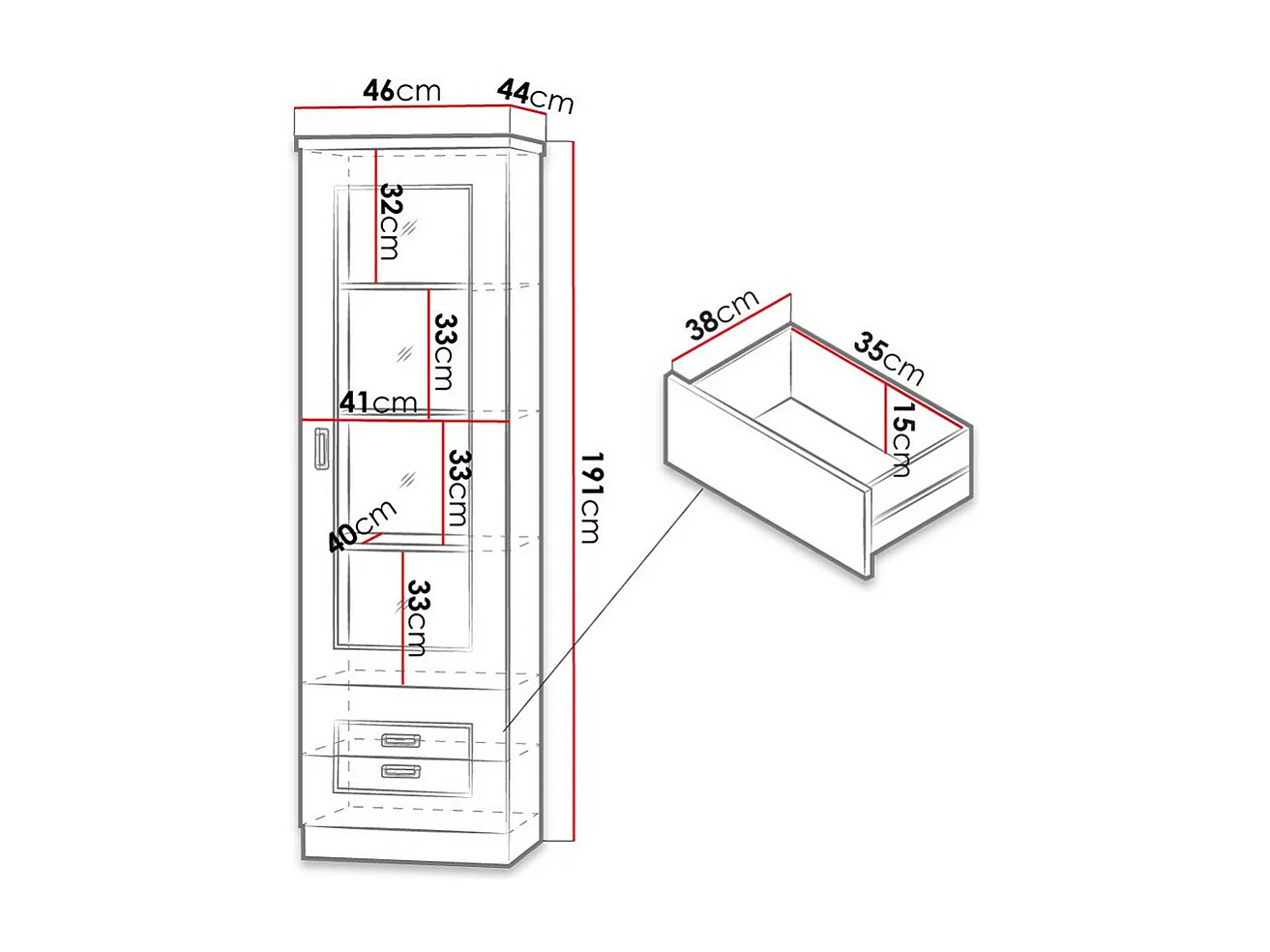 Étagère Lircava 108, Avec tiroirs|Avec des portes|Fermé, Verre|Stratifié, 191x46x44cm