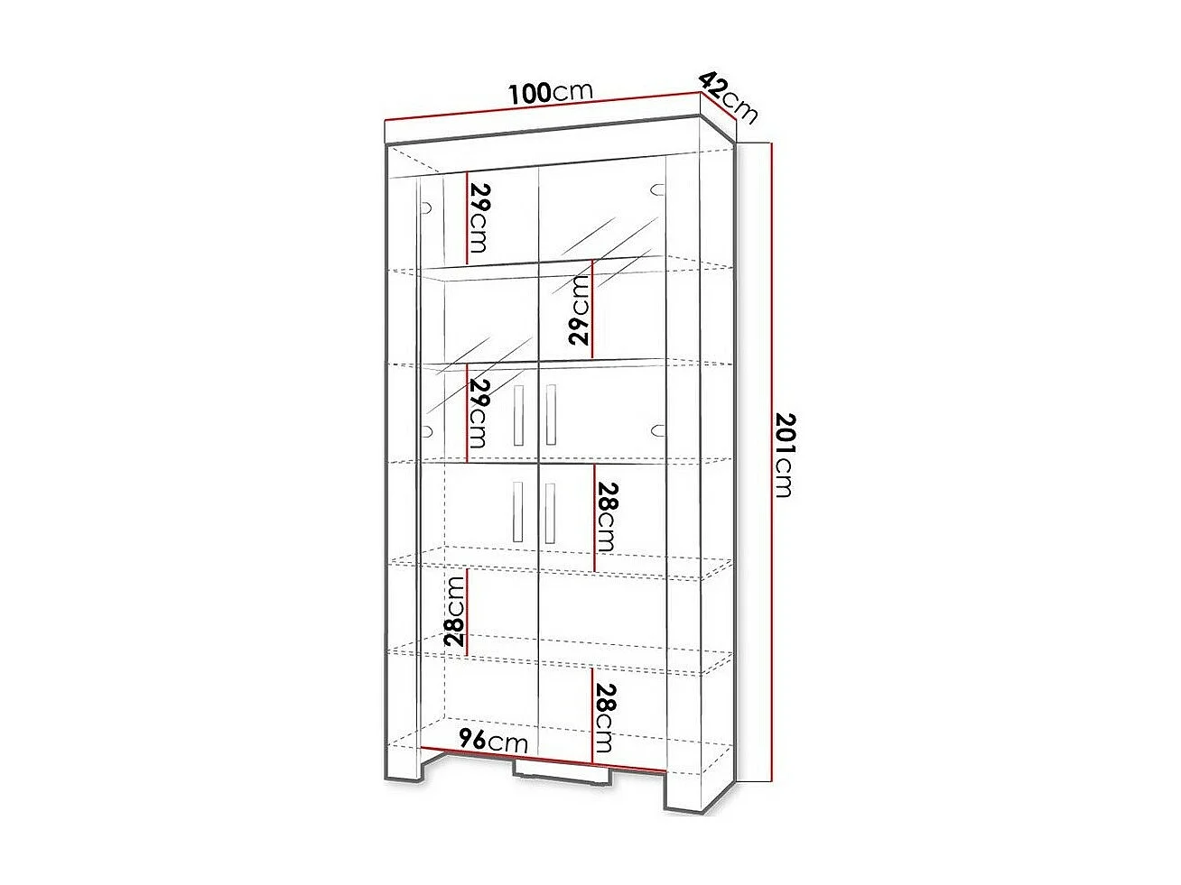 Estantería Melfeli 101, Cerrable|Con puertas, Vidrio|Aglomerado laminado, 201x100x42cm
