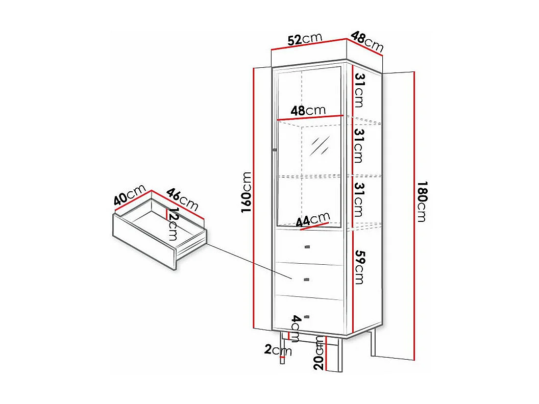 Étagère Comfivo 416, Avec des portes|Fermé|Avec tiroirs, Stratifié|Verre, 180x52x48cm