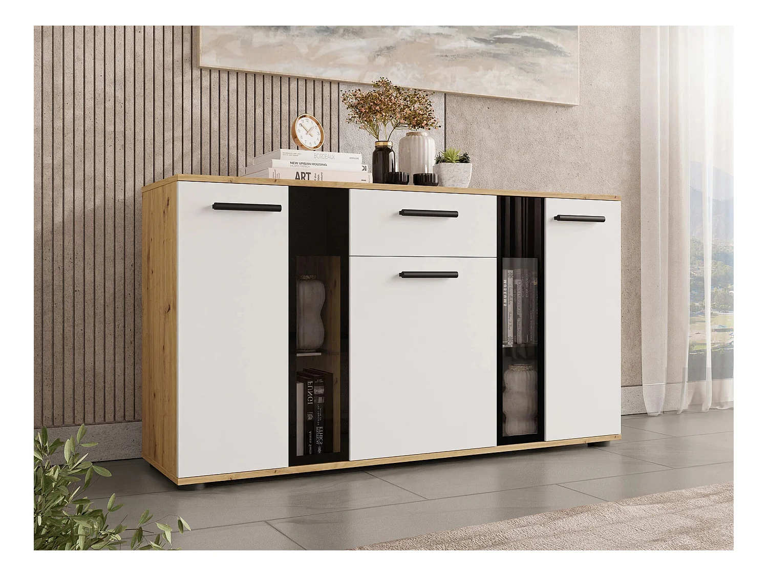 Cassettiera Tucson 114, Bianco|Rovere Artisan, Con cassetti e ante, 80x141x41cm
