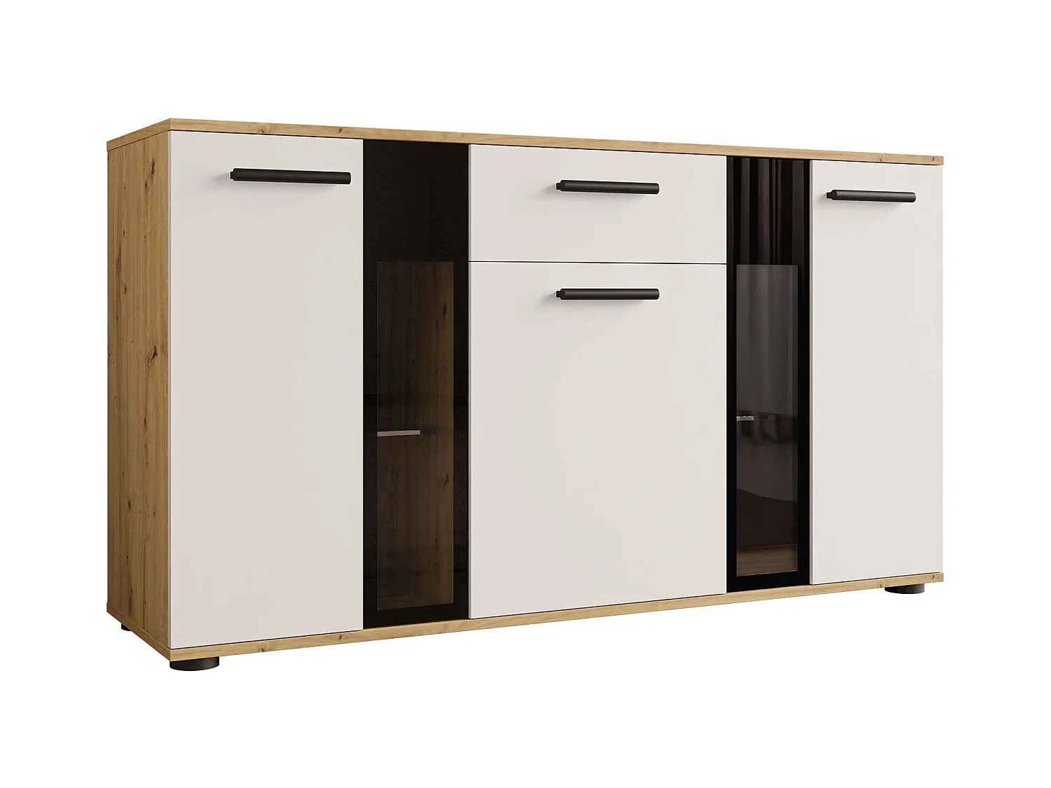 Cassettiera Tucson 114, Bianco|Rovere Artisan, Con cassetti e ante, 80x141x41cm