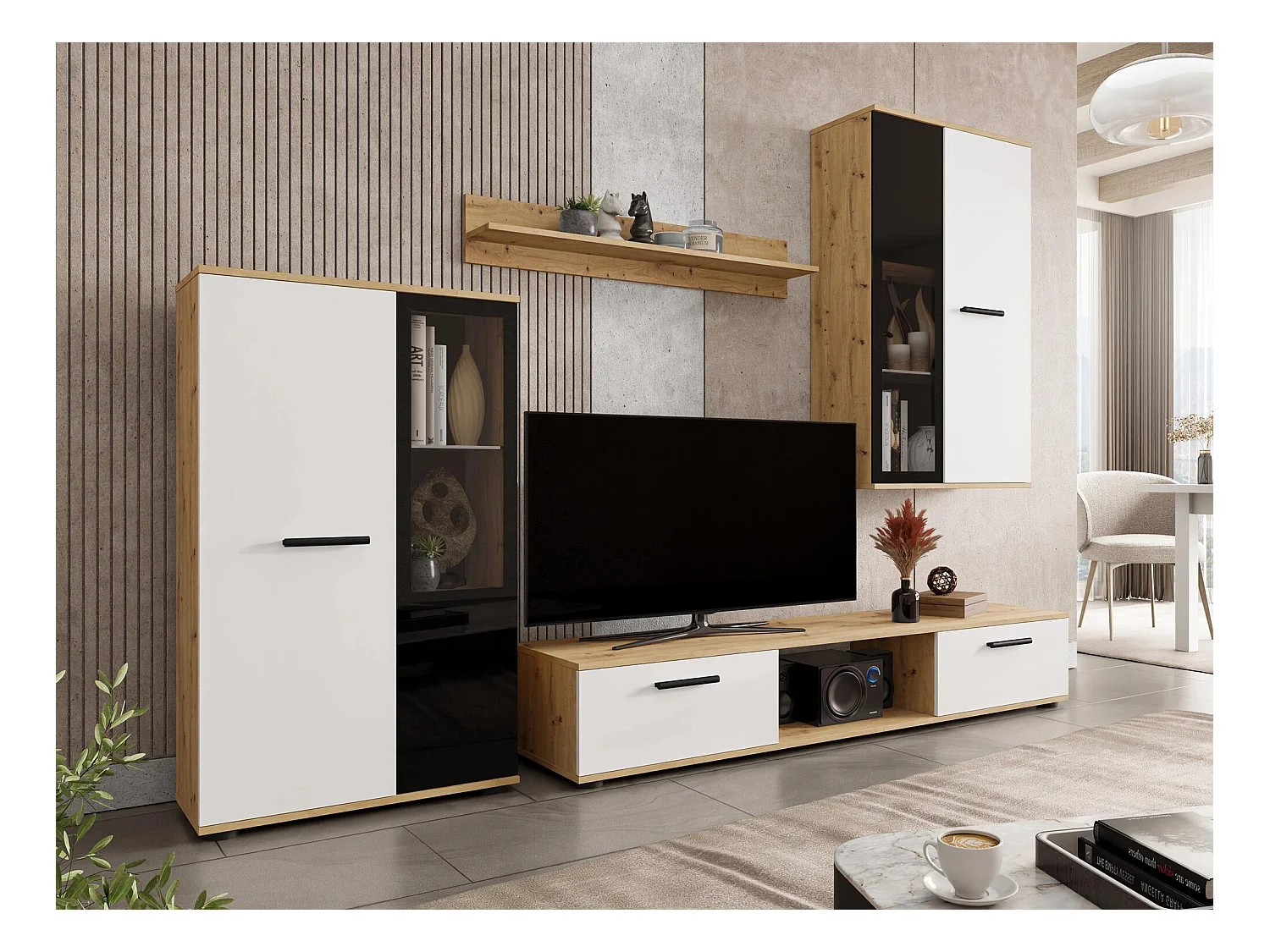Cassettiera Tucson 114, Bianco|Rovere Artisan, Con cassetti e ante, 80x141x41cm