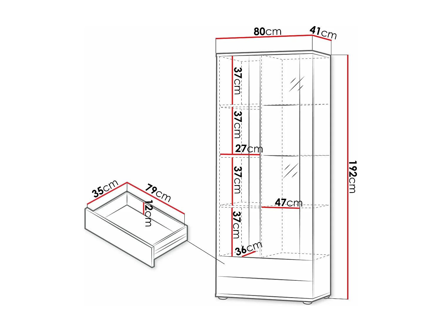 Estantería Tornola 105, Con puertas|Cerrable|Con cajones, Vidrio|Aglomerado laminado,