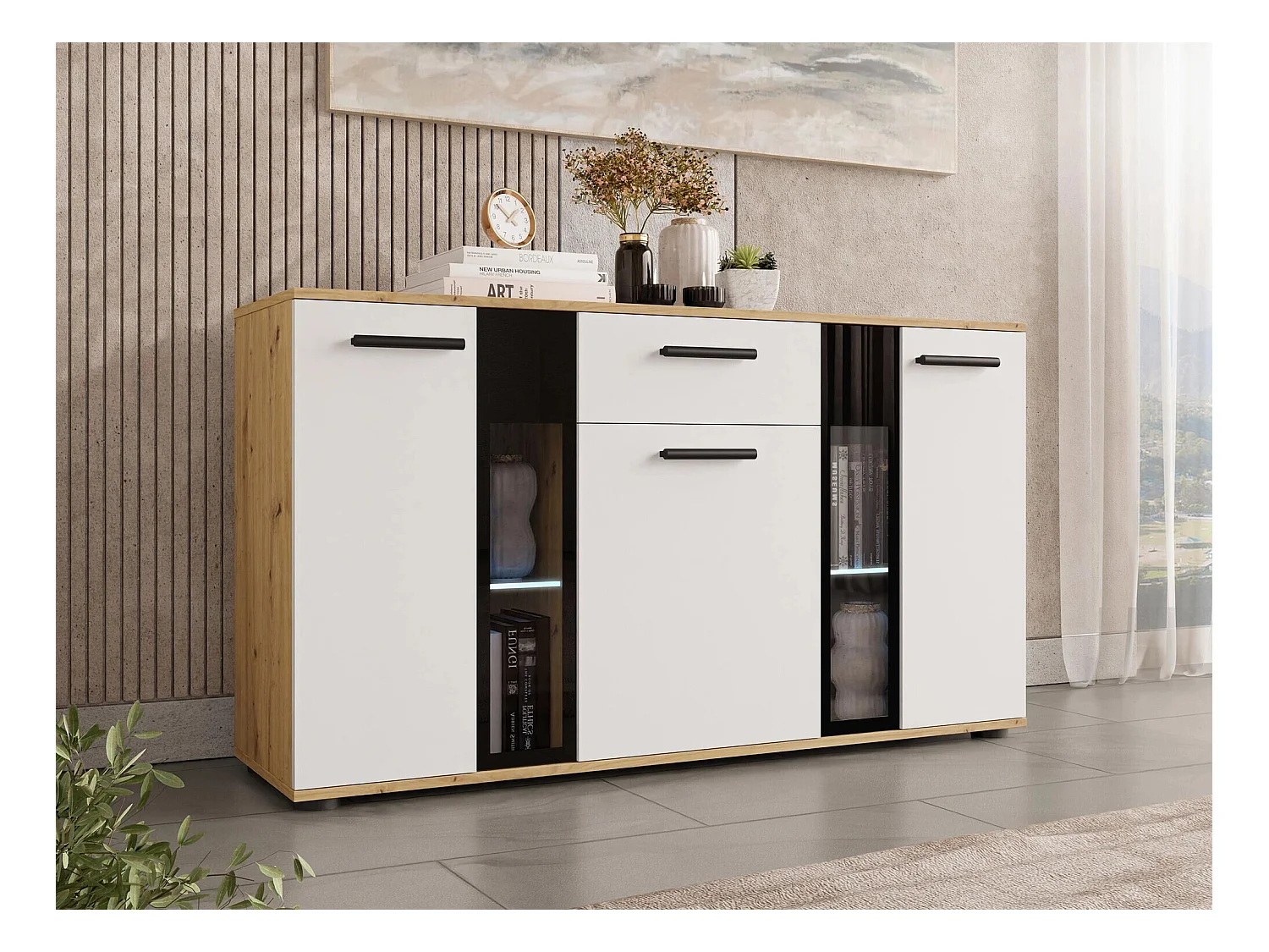 Cassettiera Tucson 114, Rovere Artisan|Bianco, Con cassetti e ante, 80x141x41cm