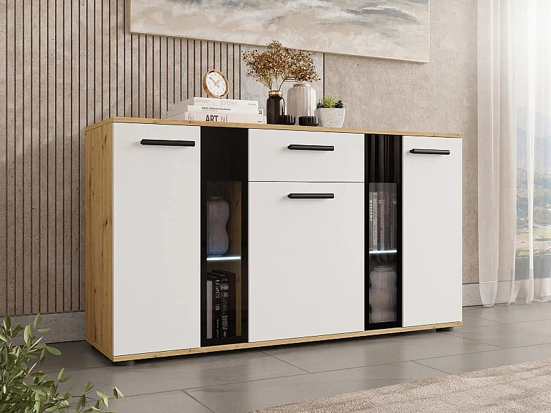 Commode Tucson 114, Chêne Artisan|Blanc, Tiroirs et portes, Nombre de tiroirs: 1, 80x41cm