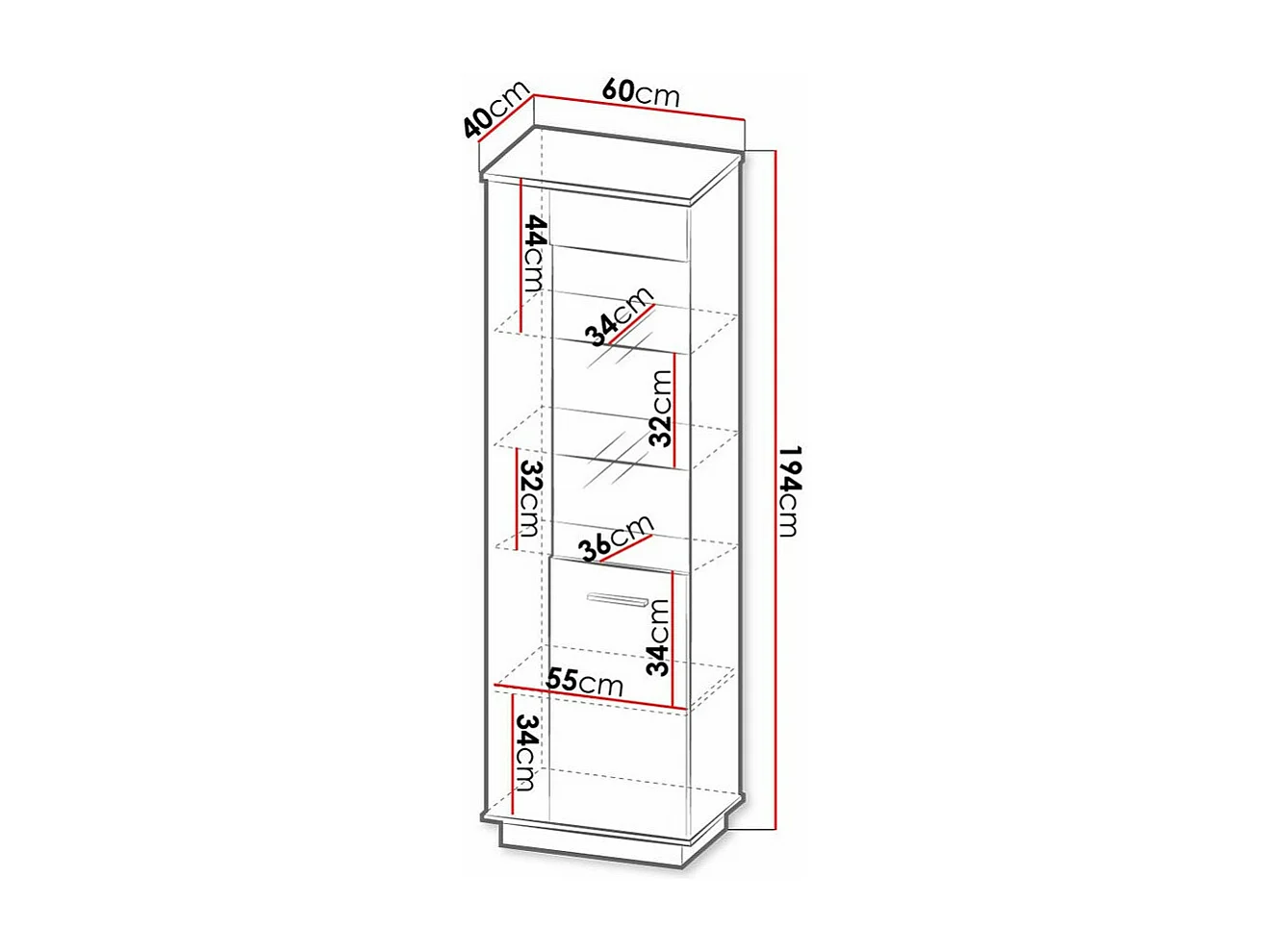 Étagère Tenodeu 101, Fermé|Avec des portes, Verre trempé|MDF|Stratifié, 194x60x40cm