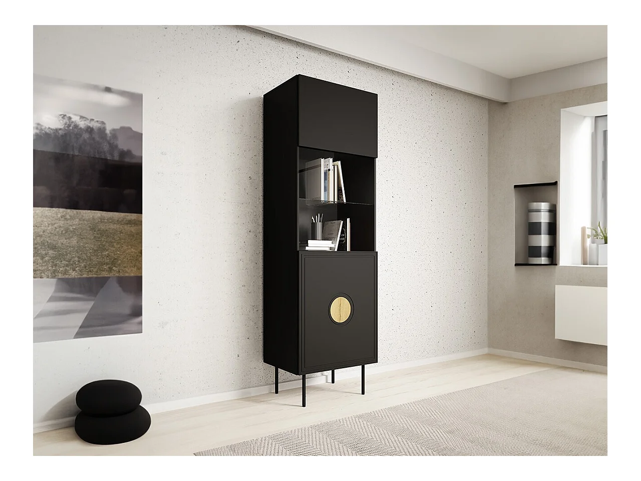 Étagère Domromi 104, Fermé|Avec des portes, Stratifié|Verre trempé|MDF, 190x60x40cm