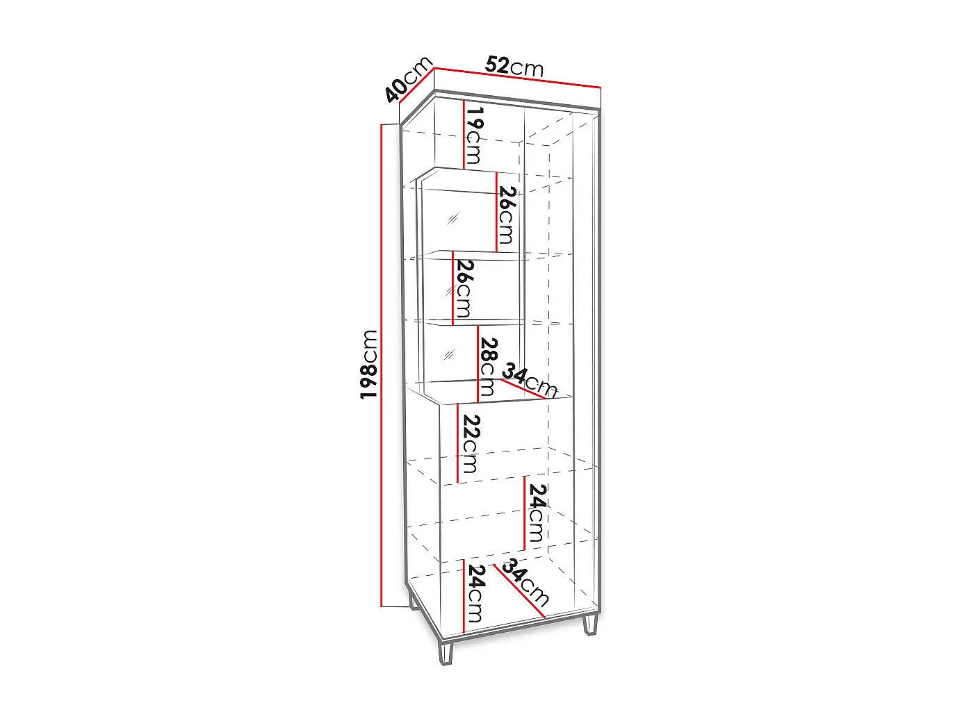 Estantería Livseri 108, Con puertas|Cerrable, Vidrio|Aglomerado laminado, 198x52x40cm
